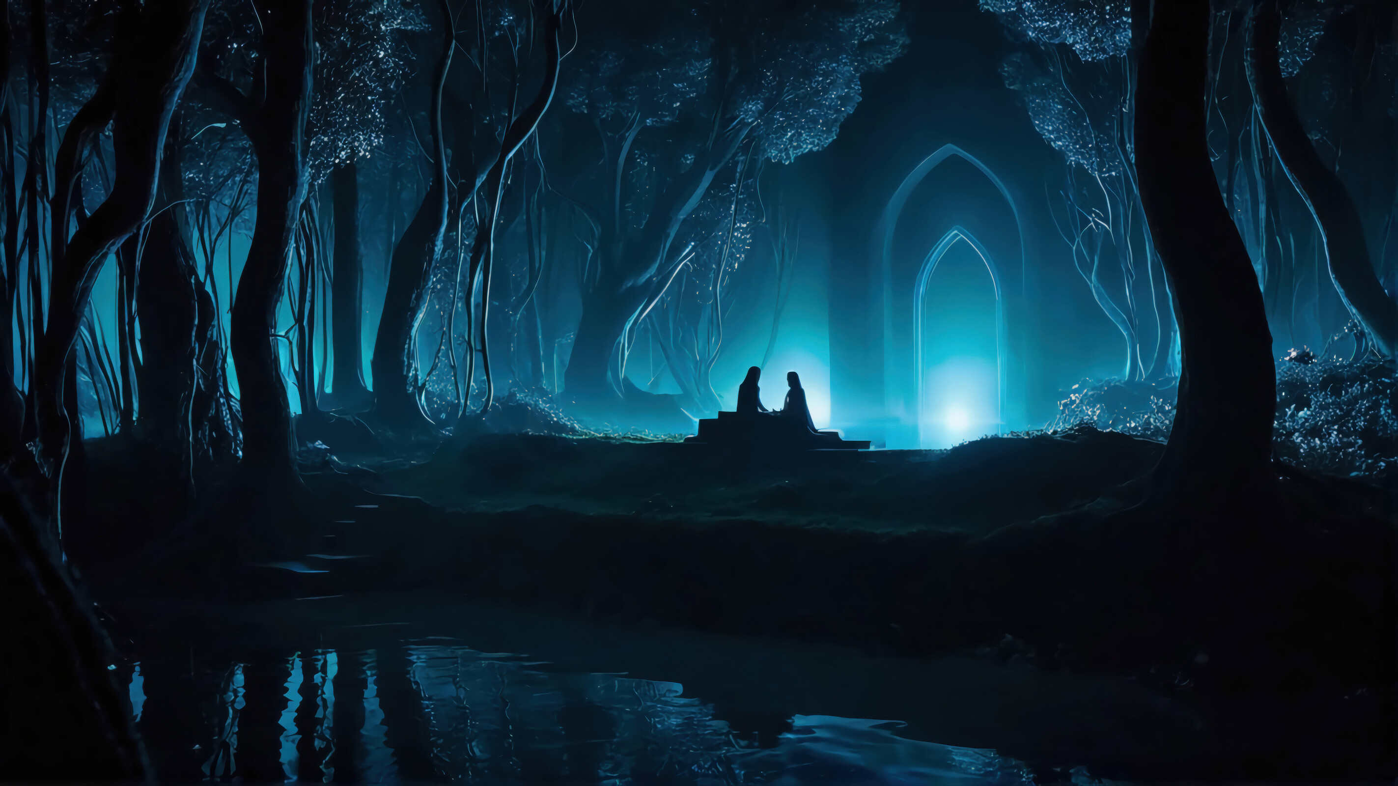 Mystical twilight embraces two figures in a serene forest by a shimmering stream