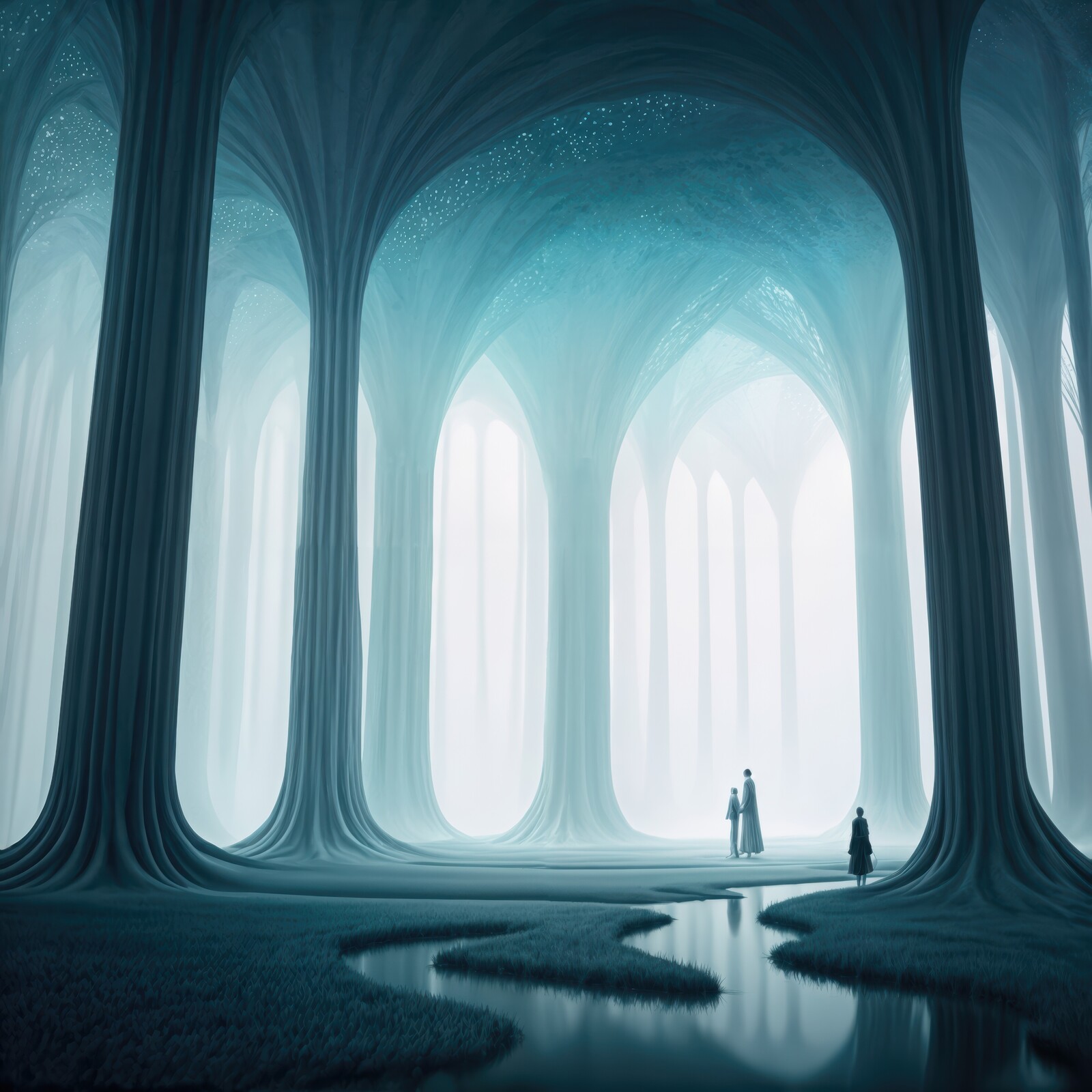 Mystical figures standing in an ethereal forest illuminated by soft light