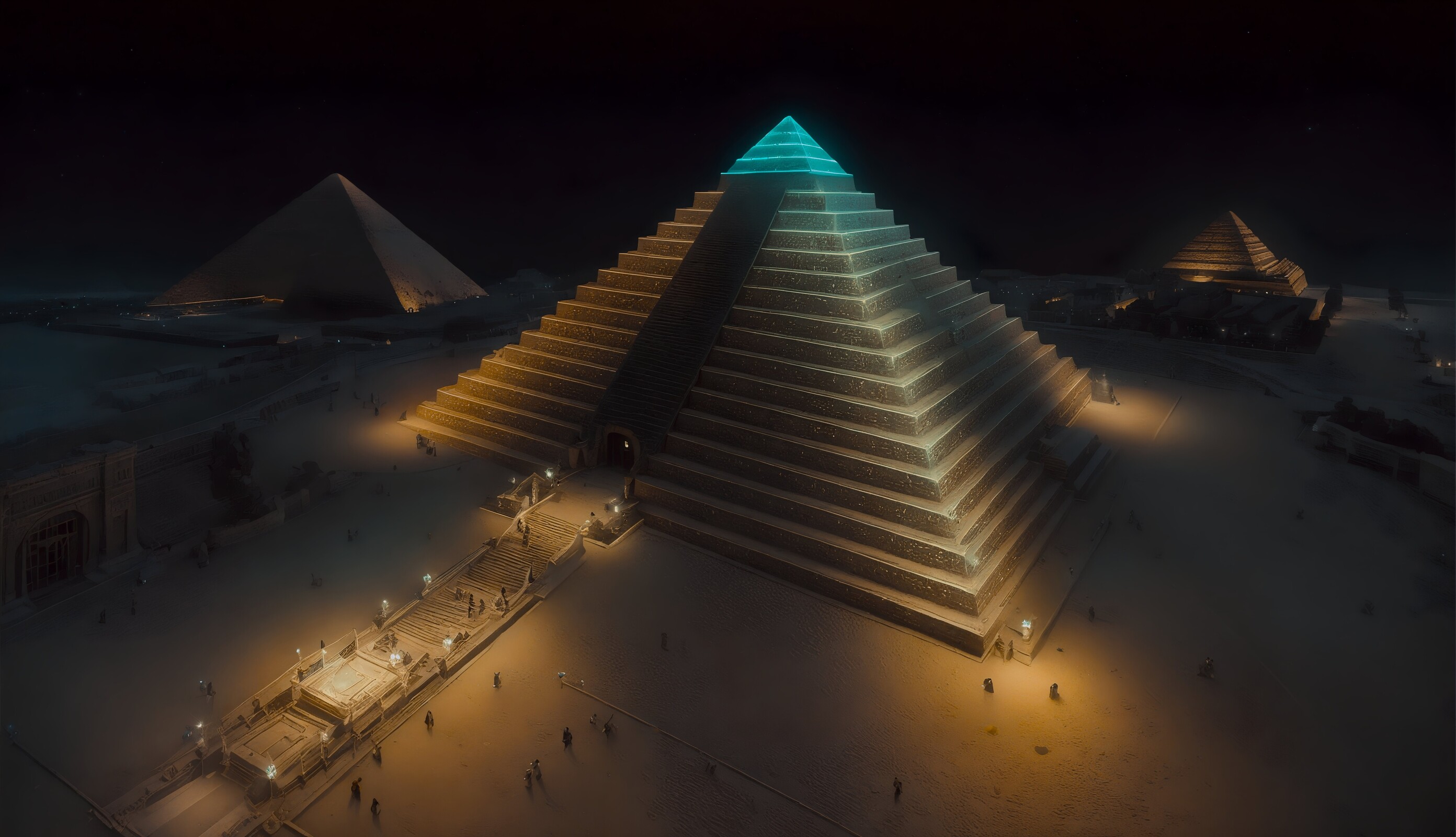 Marvel at the luminous beauty of the pyramids at night in Giza, as golden lights illuminate ancient wonders