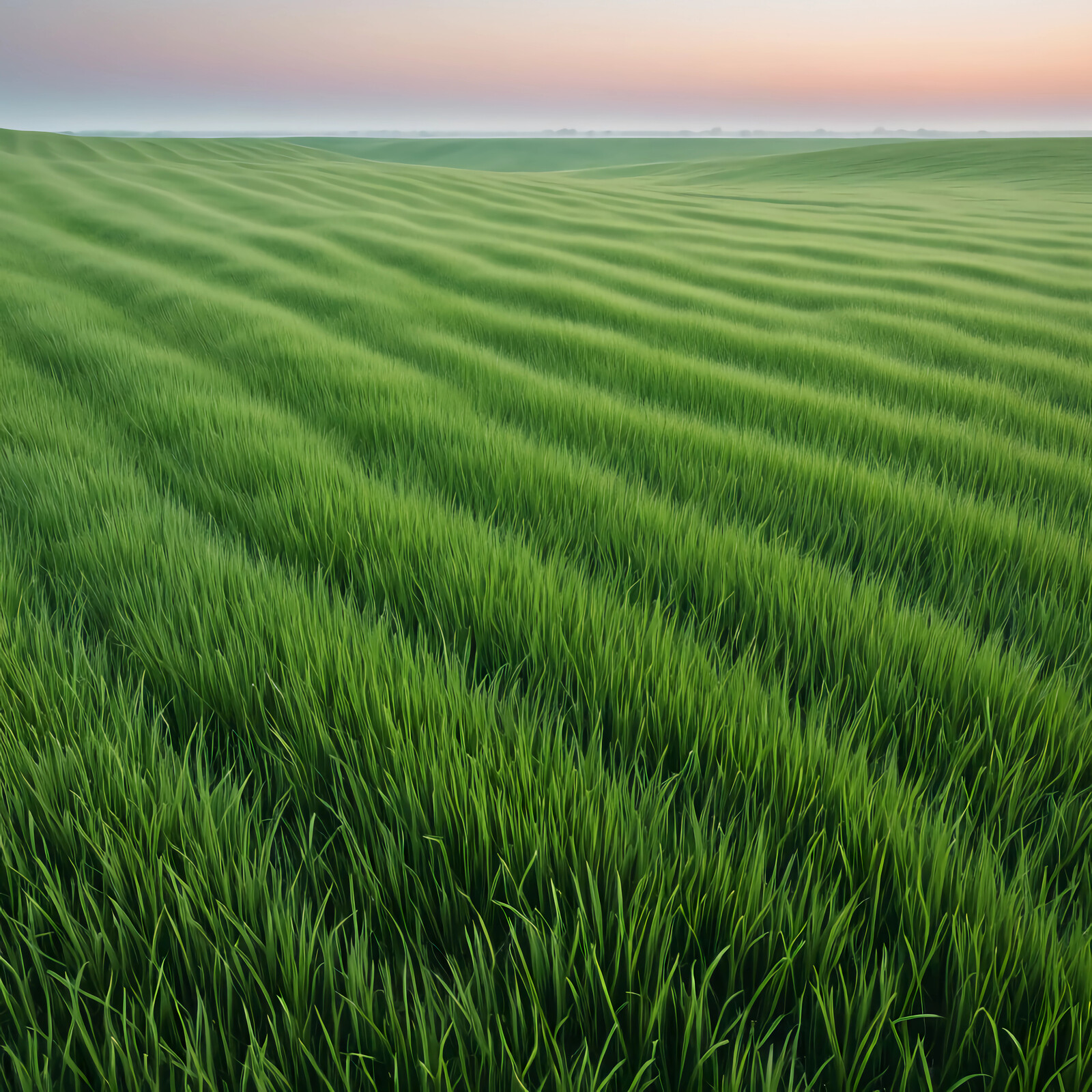 Lush liminal green fields stretch endlessly under a pastel dawn sky, capturing nature's tranquility in early morning light
