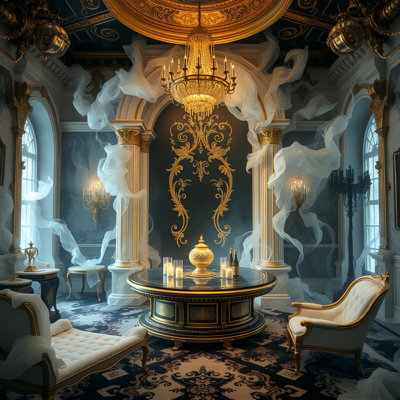 Luxurious ornate interior adorned with fog and candlelight in a grand setting