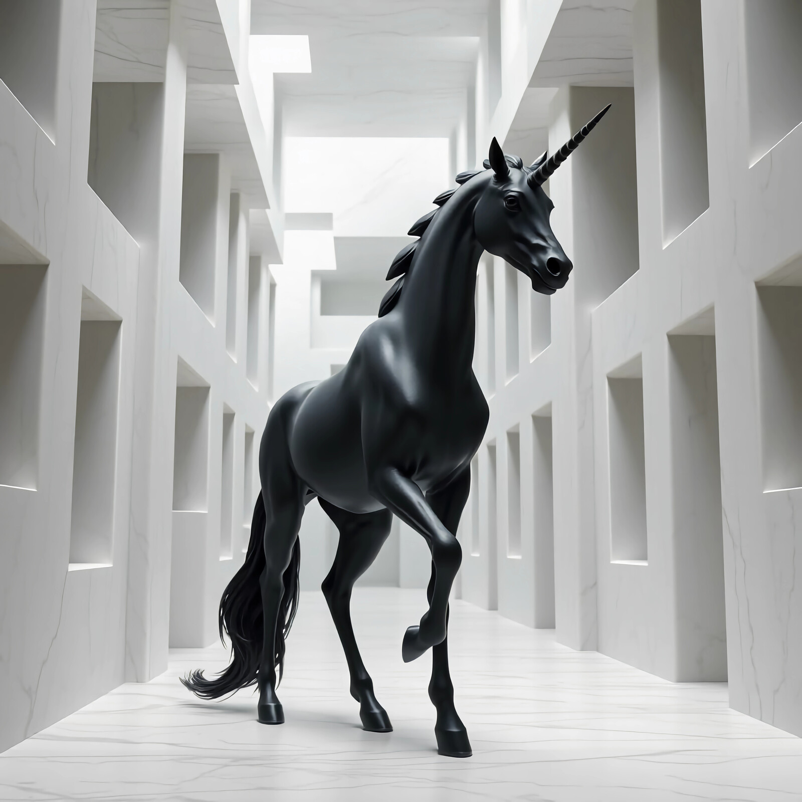 Majestic black unicorn strides through a modern minimalist corridor in daylight
