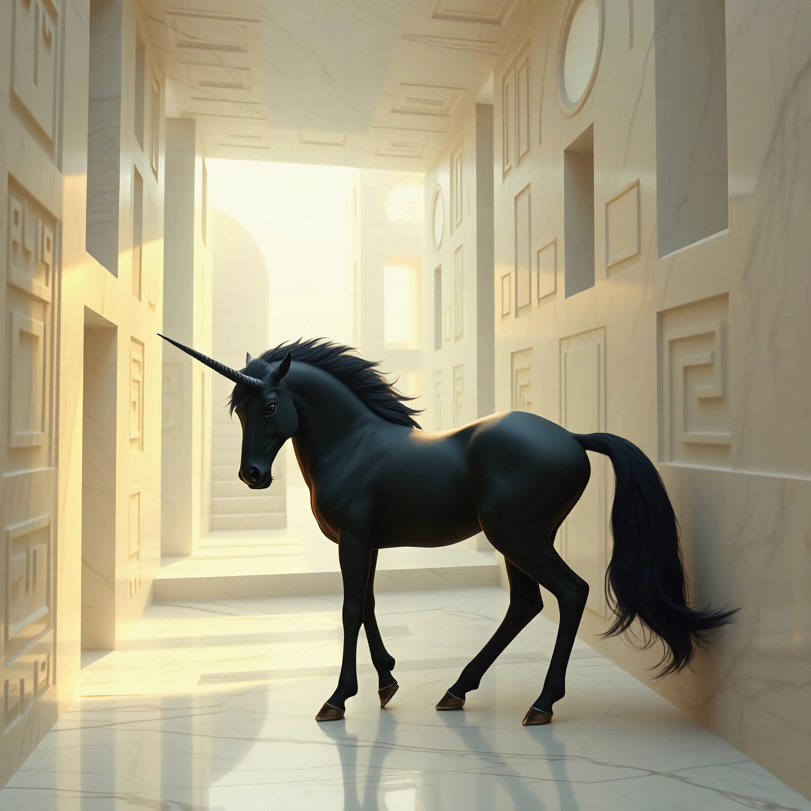 Majestic black unicorn strolling through a sunlit marble corridor in a surreal fantasy world