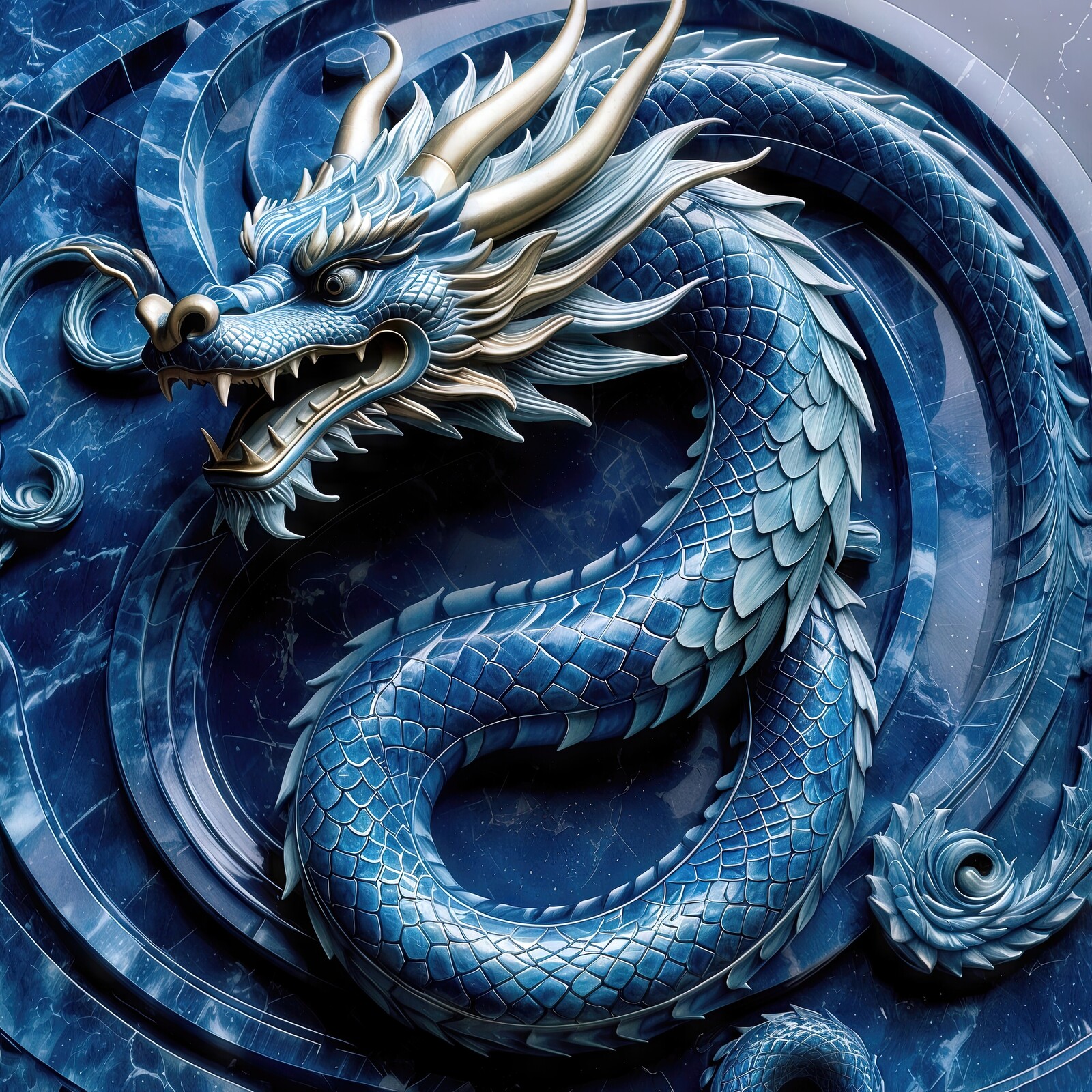 Majestic blue dragon sculpture intertwining on a marbled surface with intricate details and depth