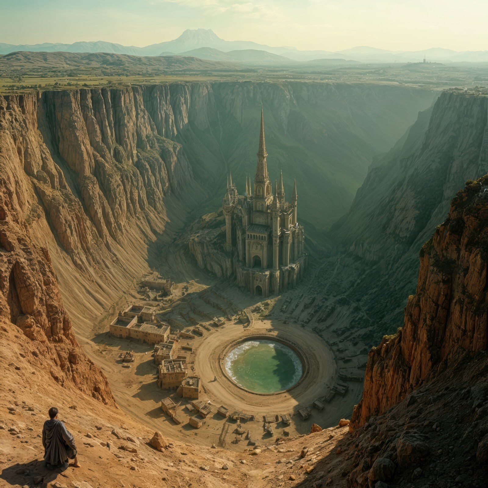 Majestic castle rises from the depths of a rugged canyon under the golden hues of dusk