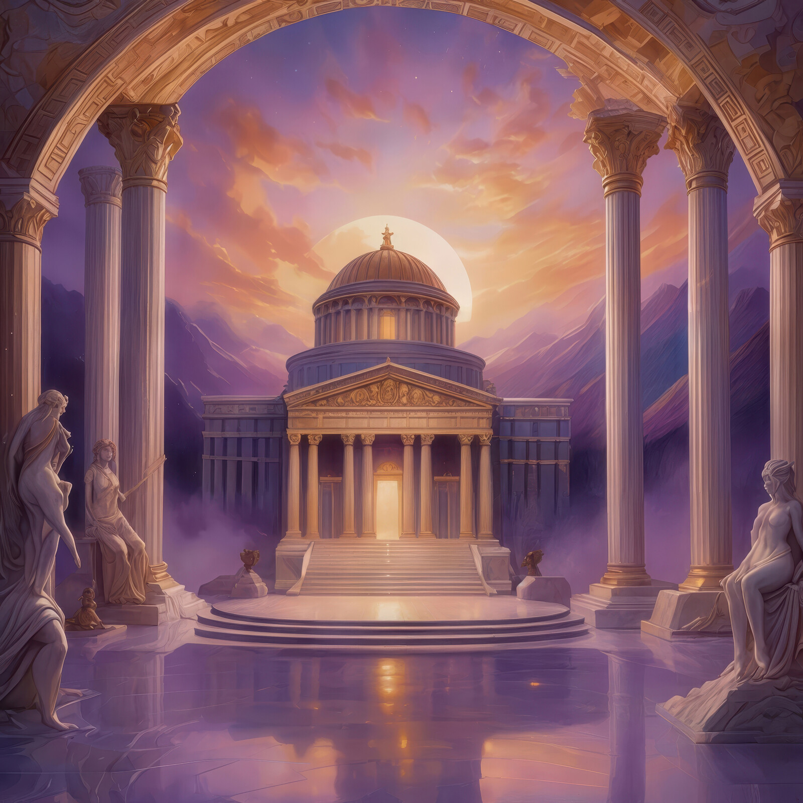 Majestic Greek temple illuminated by sunset with grand columns and serene sculptures in an ethereal landscape