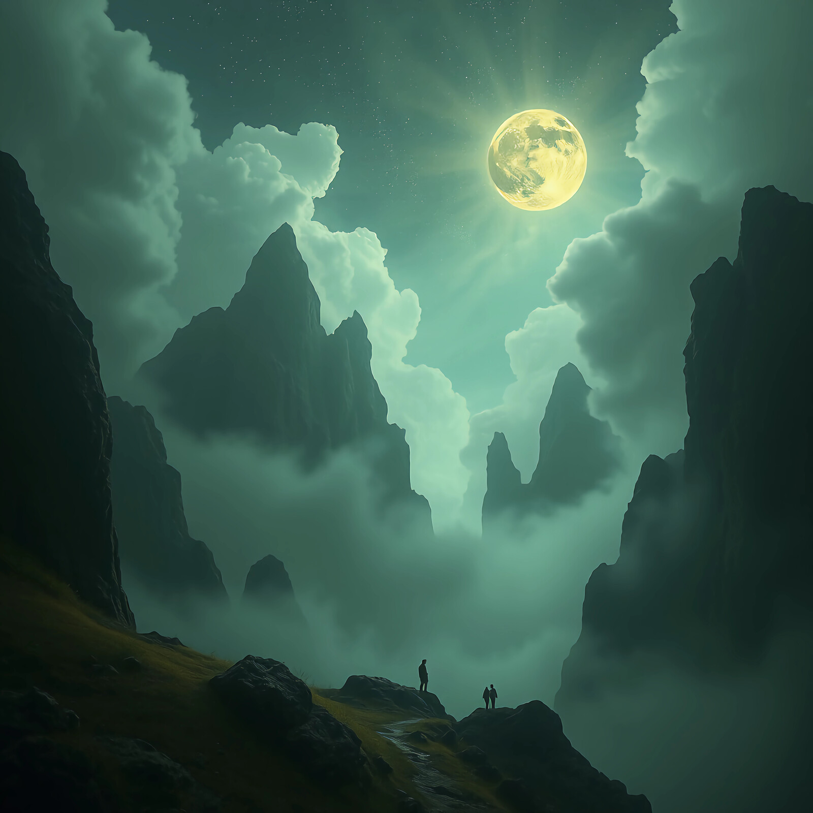 Majestic mountains illuminated by a full moon under a starry sky