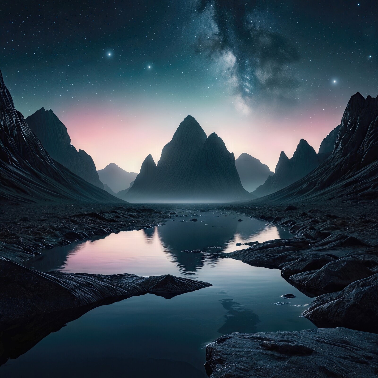 Majestic mountains rise under a starry sky with serene waters reflecting the cosmos