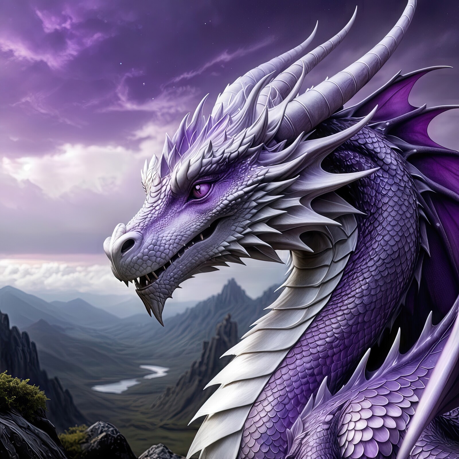 Majestic purple dragon gazes over a mystical landscape at twilight