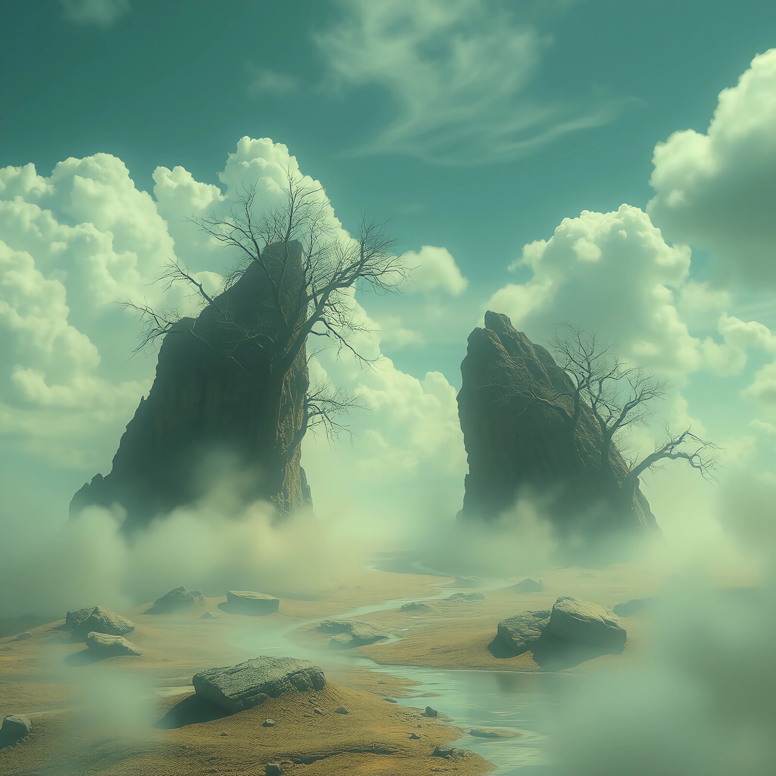 Majestic rock formations rise from misty landscape under a serene sky cradling soft clouds