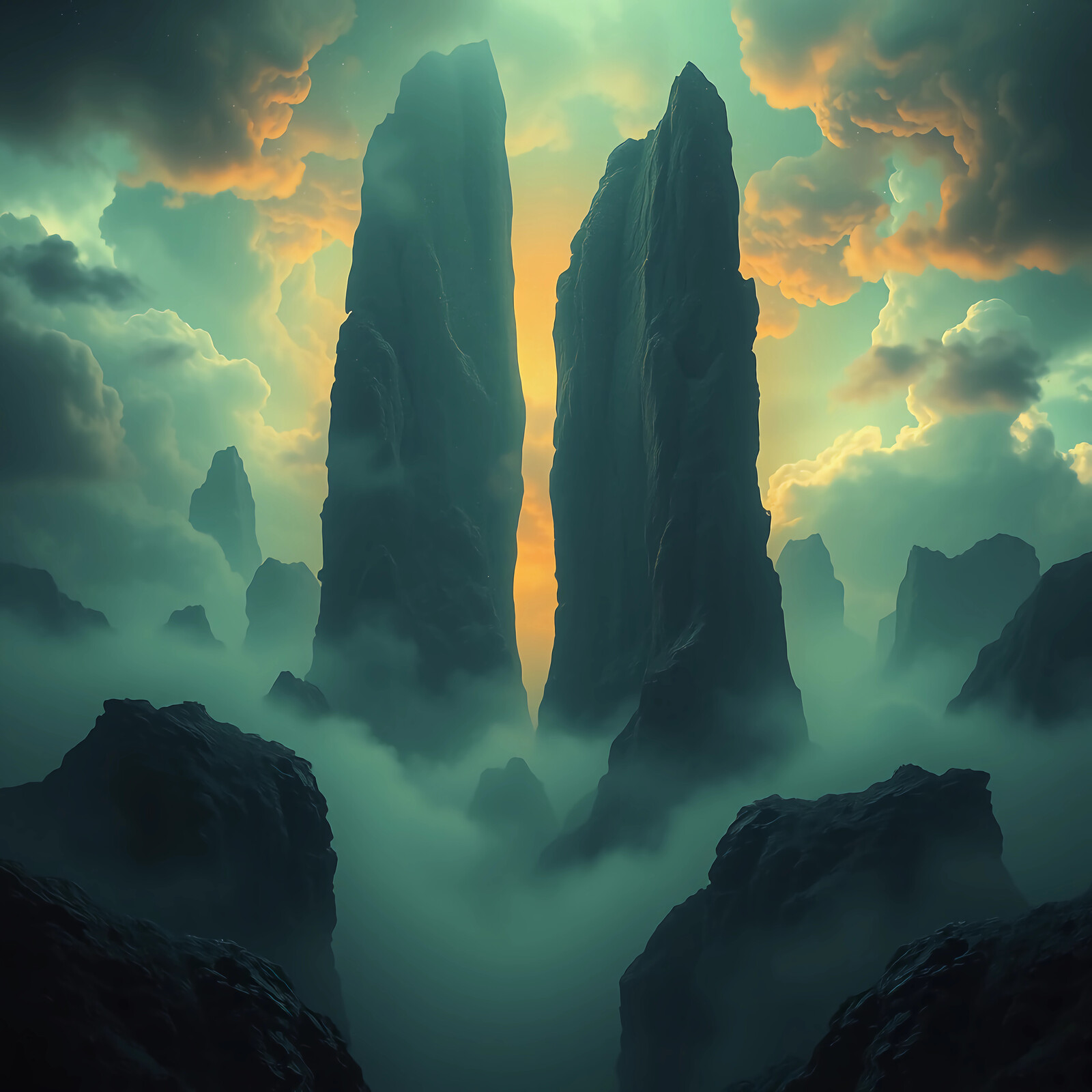Majestic rock formations rise above a mystic landscape at dawn