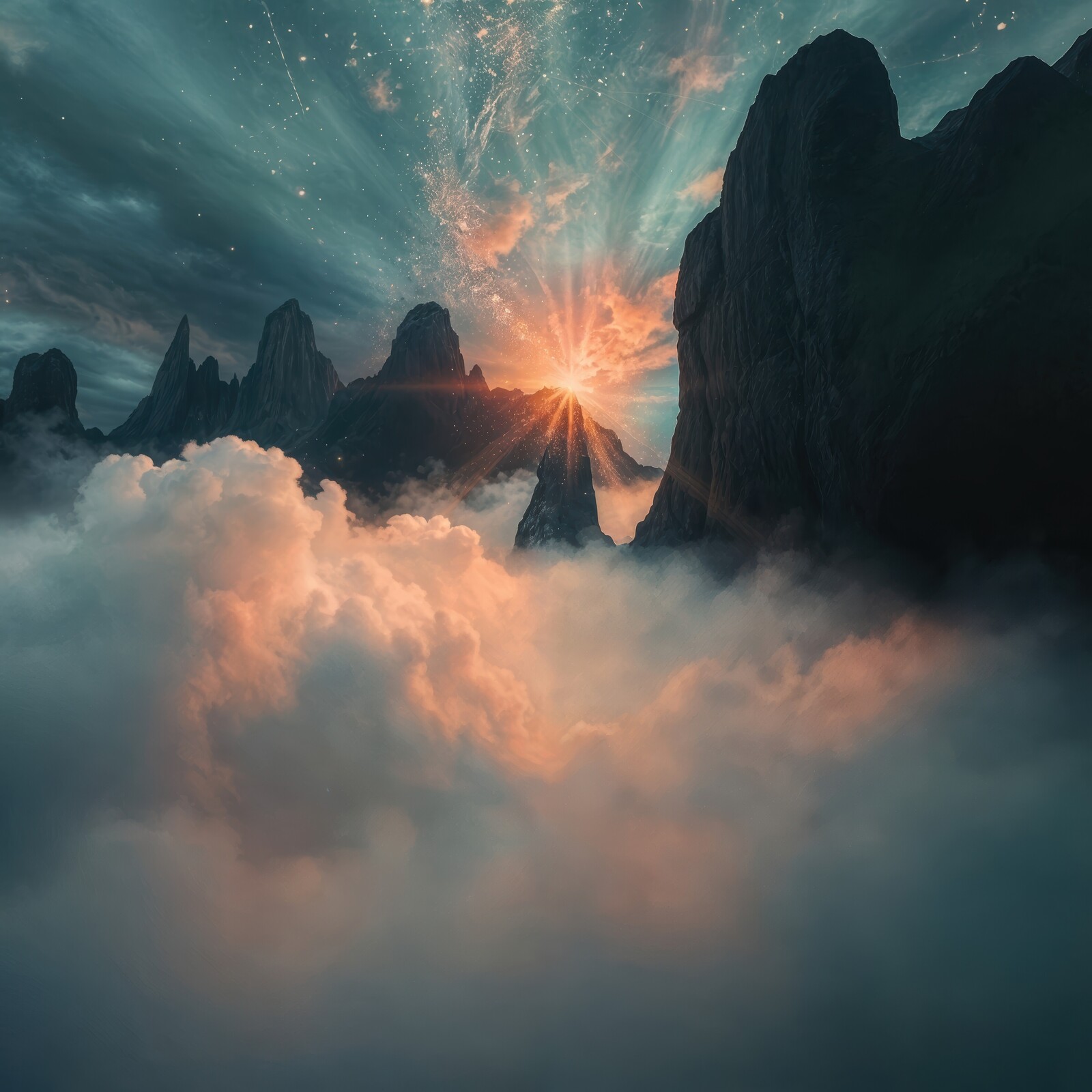 Majestic sunrise over towering mountains shrouded in ethereal clouds during twilight hours