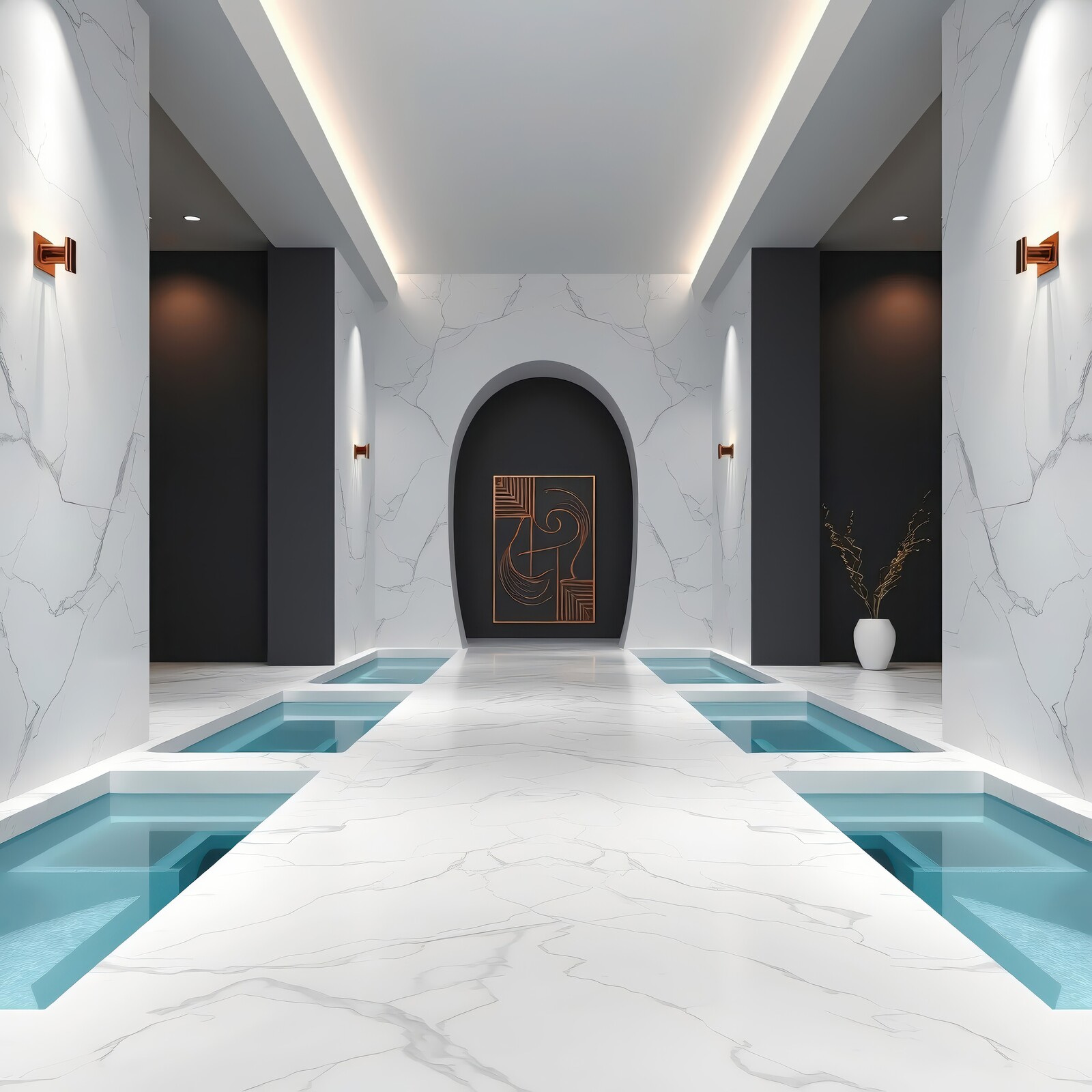 Luxurious spa corridor featuring elegant marble and tranquil water features in a modern retreat