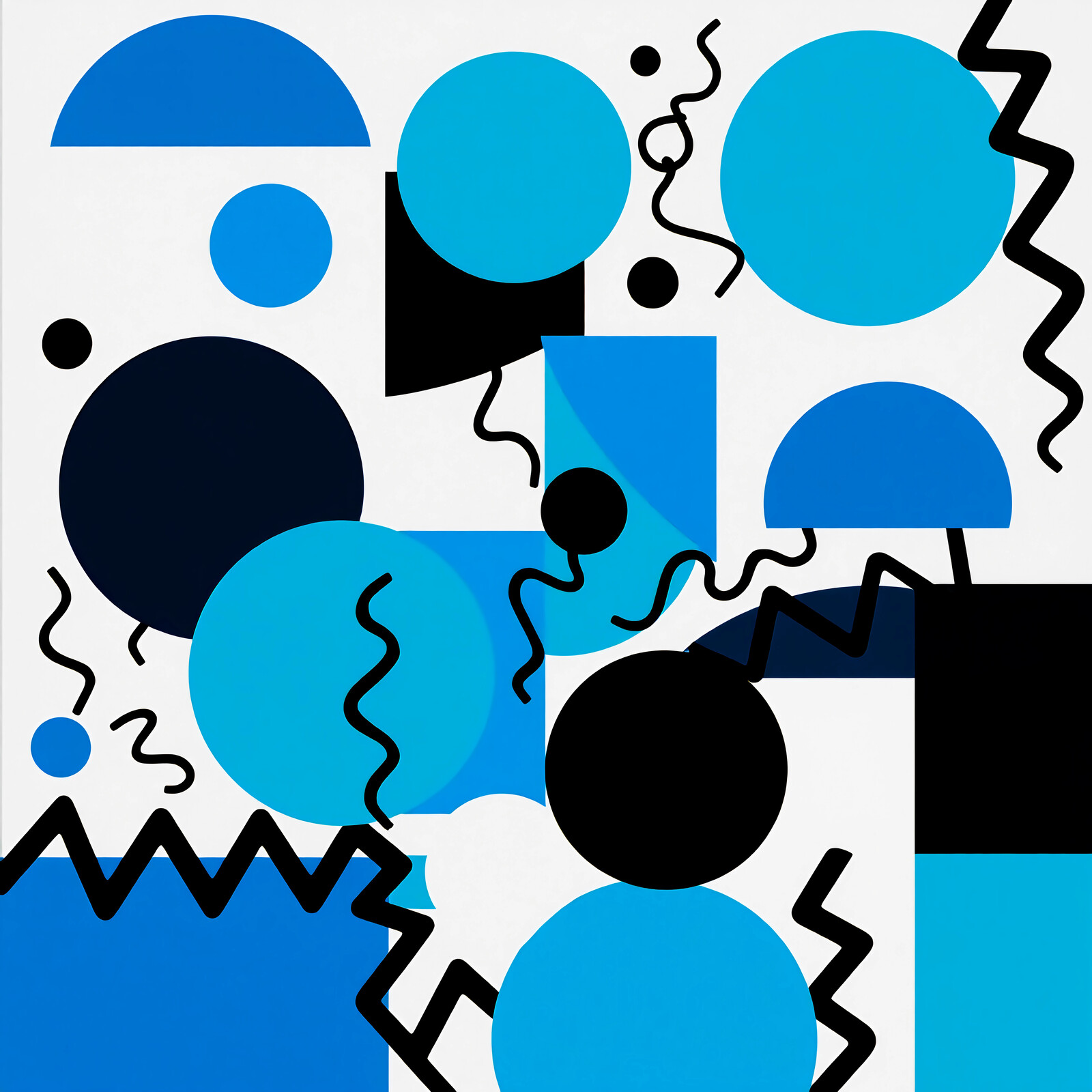 Memphis design of abstract shapes in vibrant blue tones energizing the canvas with playfulness