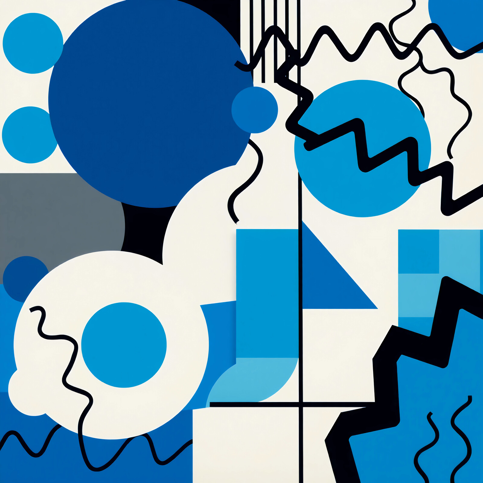 Memphis composition featuring bold blue shapes and dynamic lines in a contemporary art space