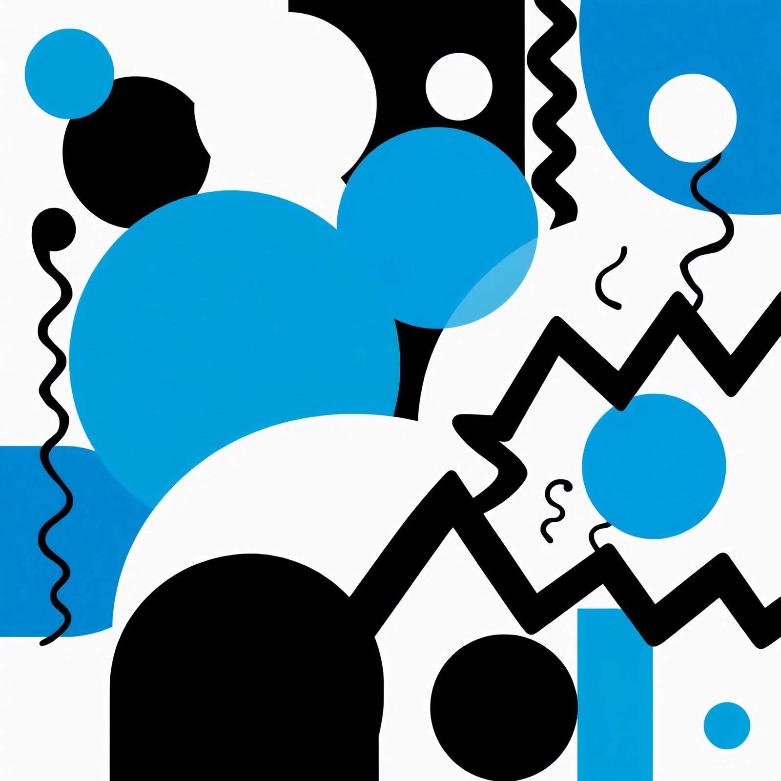 Memphis design of bold geometric shapes dance in vibrant blue and black against a stark white background showcasing modern art