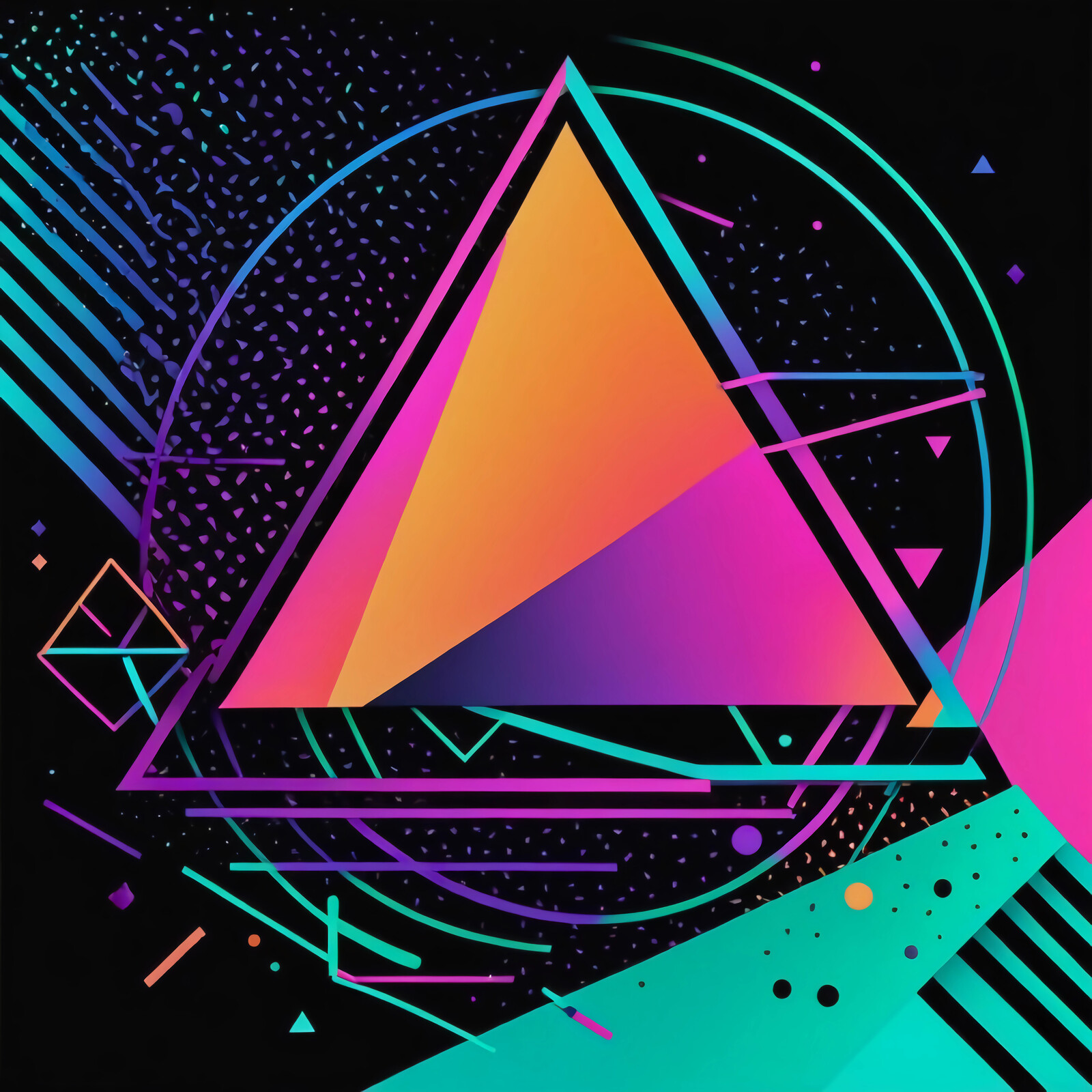 Bold 80s Memphis geometric shapes create a vibrant and dynamic composition with neon colors and abstract elements