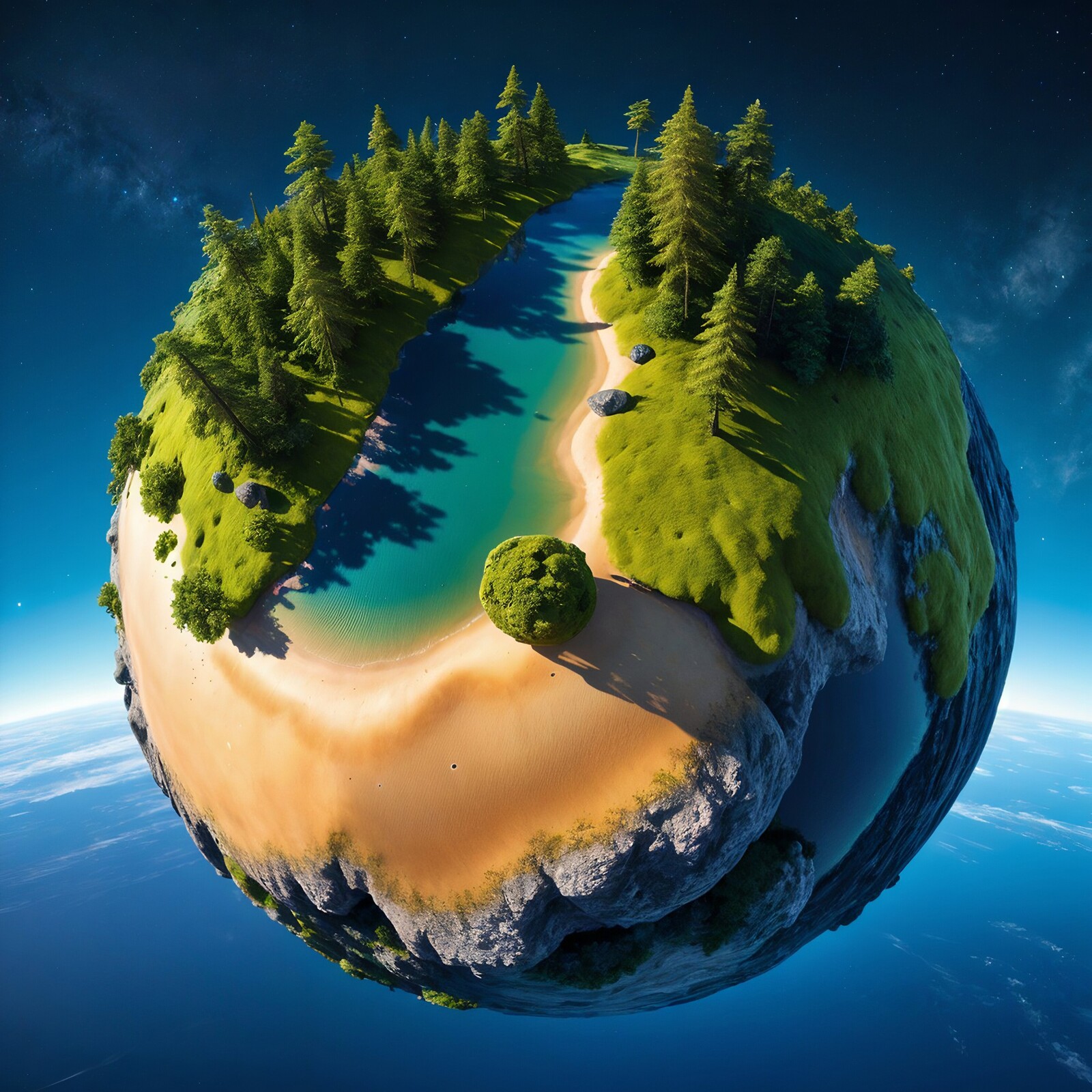 Imaginary planet featuring lush green landscapes and tranquil waters reflecting daylight
