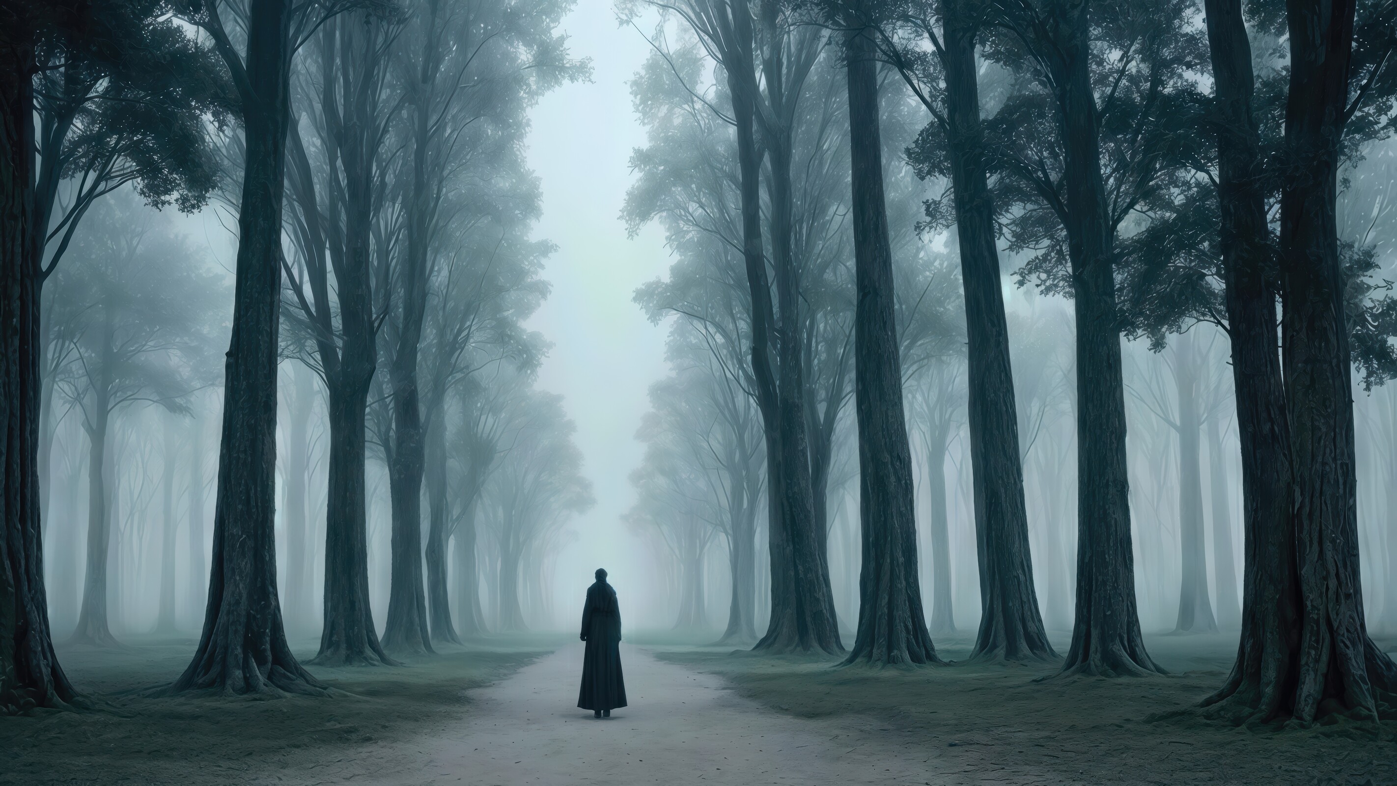 Mysterious figure wanders through an enchanting misty forest at dawn