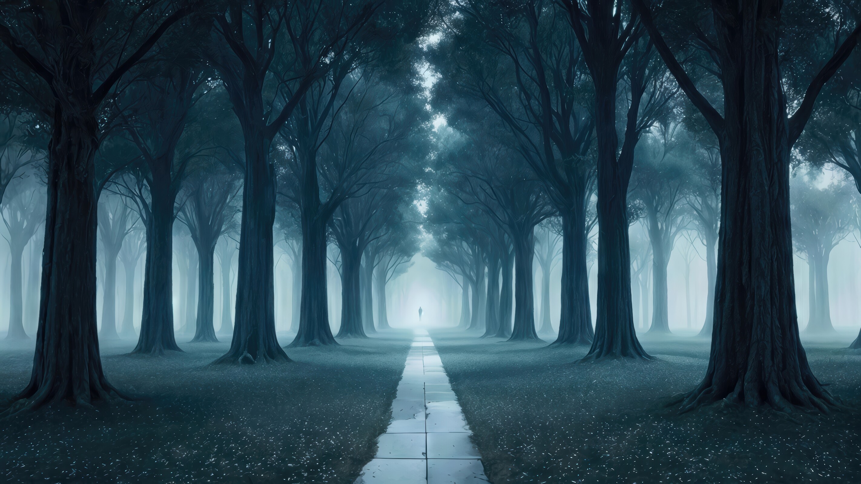 Mysterious figure walking through a misty forest path lined with towering trees