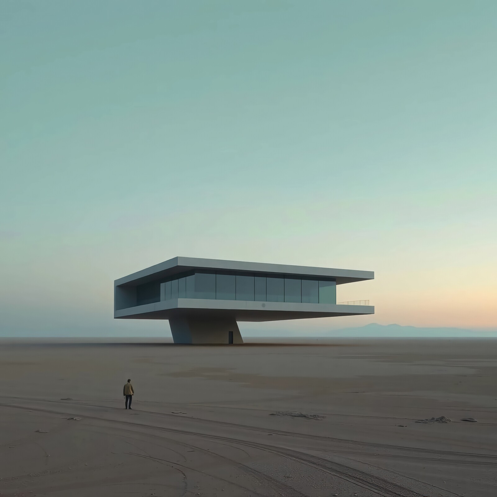 Modern architecture stands alone in vast desert landscape during twilight