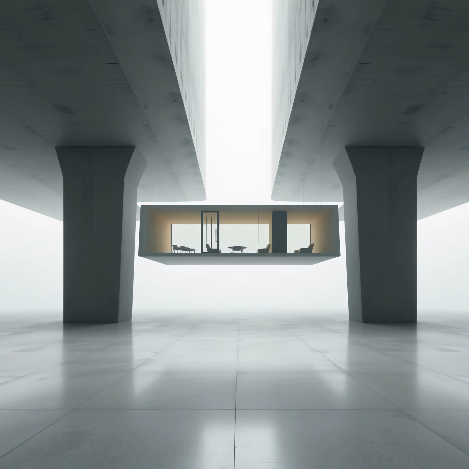 Modern architectural marvel suspended in an ethereal space with minimalist design elements