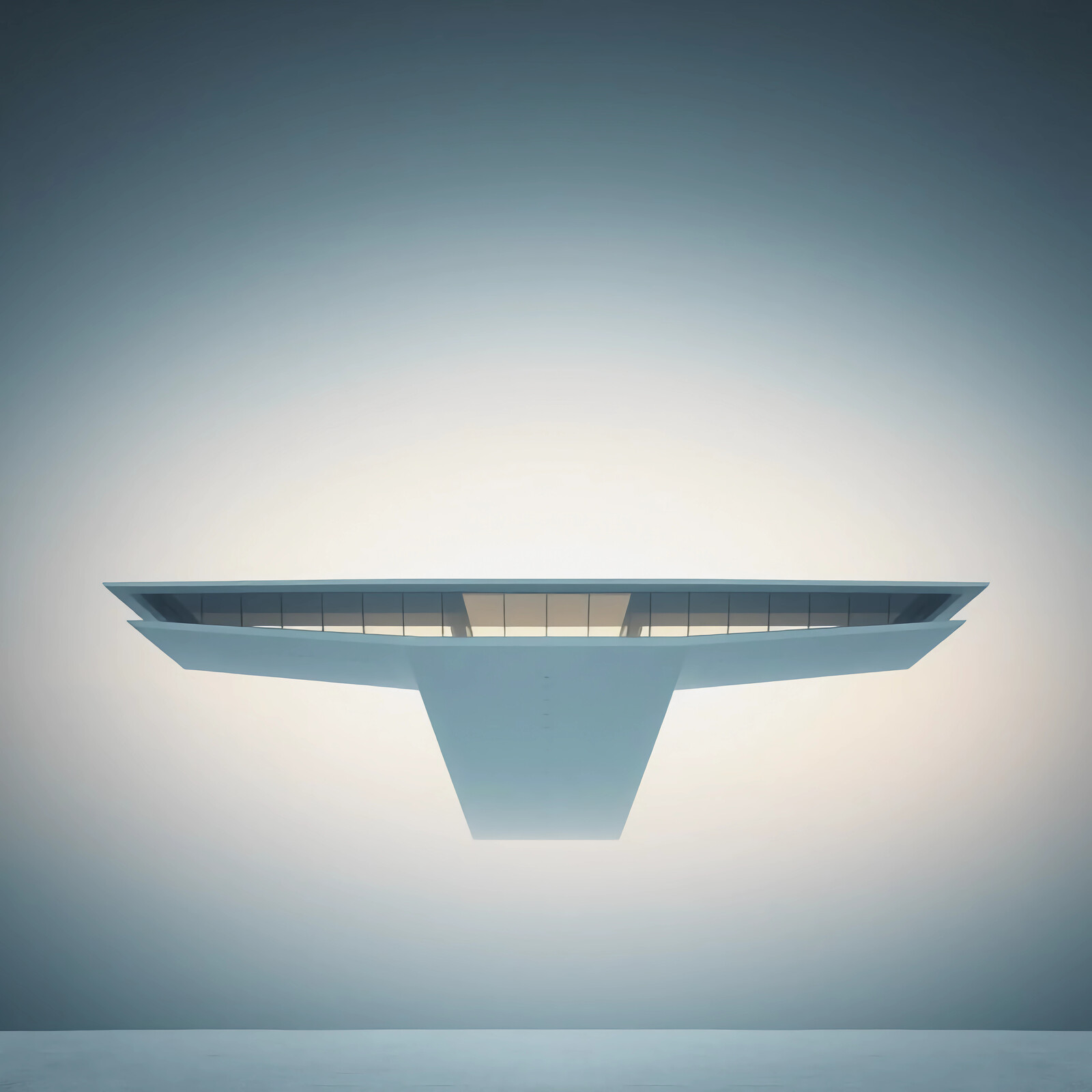 Modern architectural masterpiece floats above a tranquil backdrop at dusk