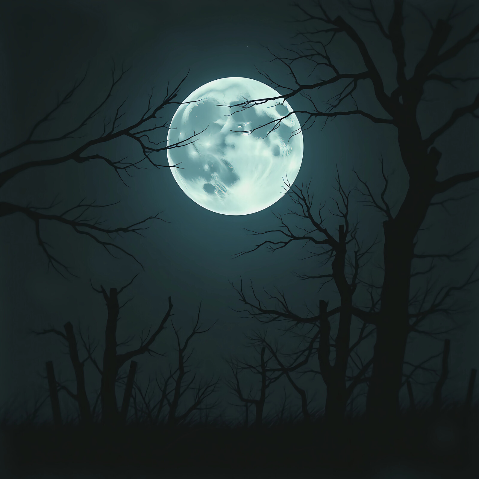 Moonlight filters through barren trees in a haunting, mysterious landscape at night