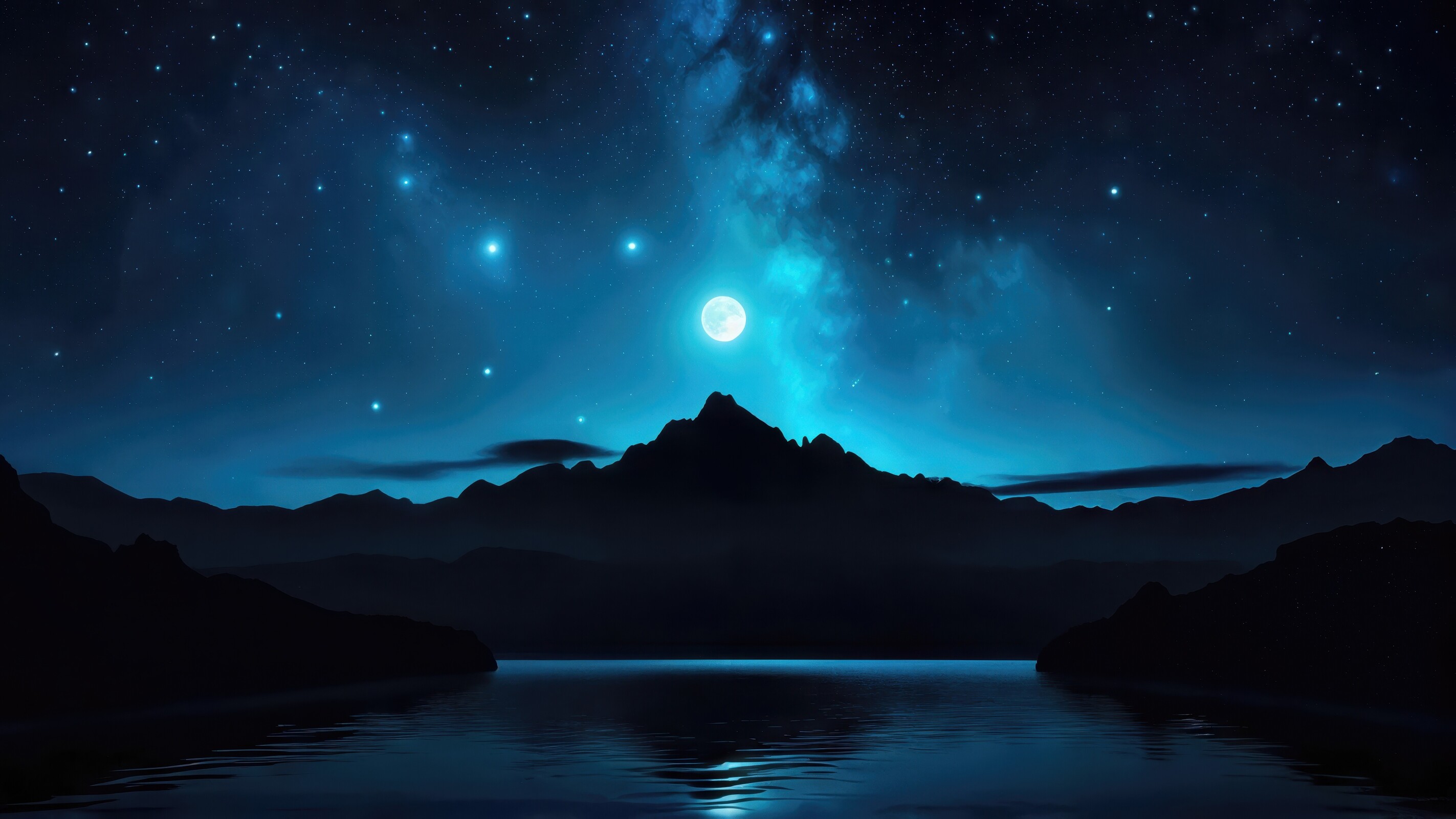 Moonlight dances on tranquil waters beneath a star-filled sky at midnight