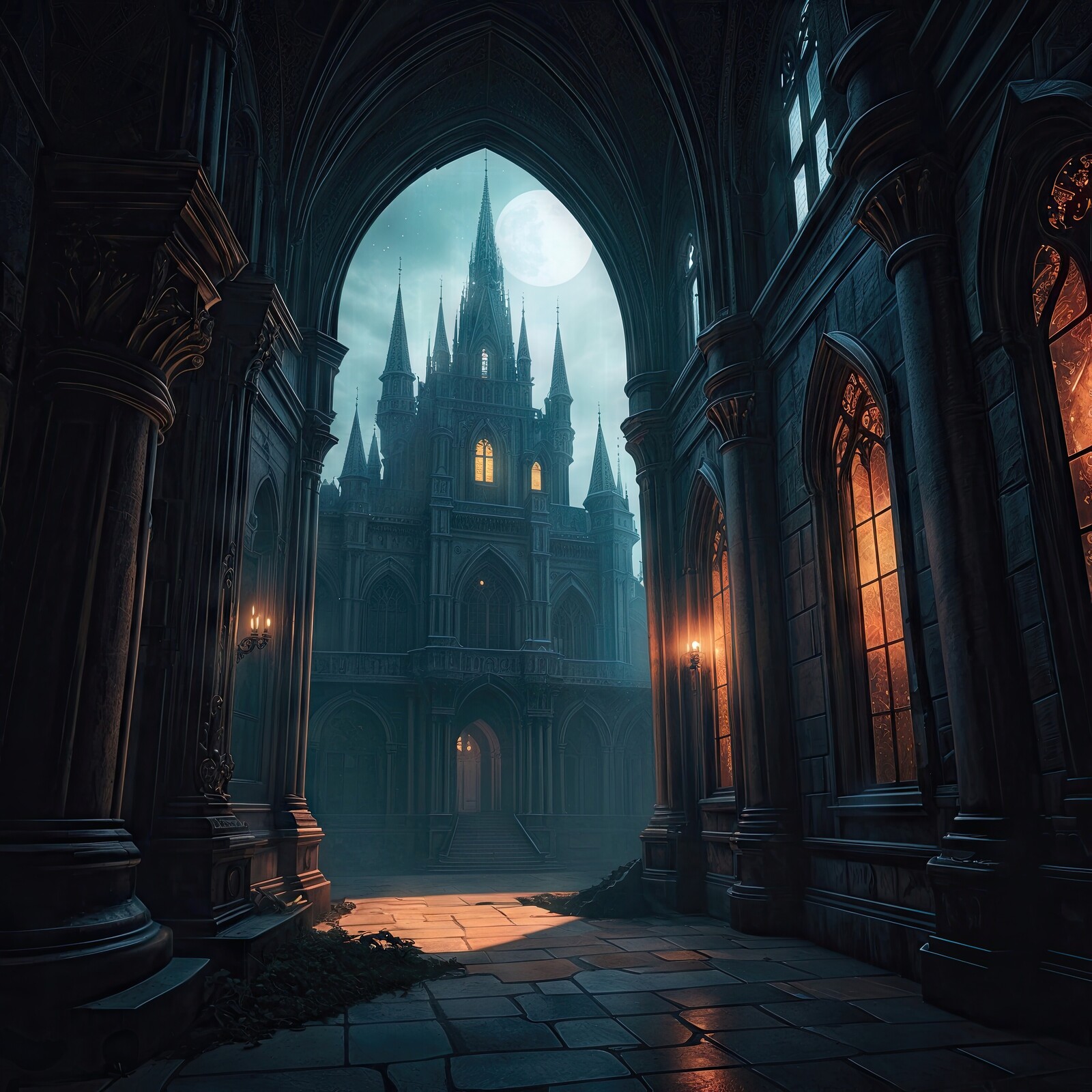 Mysterious moonlit gothic castle enchanting visitors in a gothic atmosphere at midnight