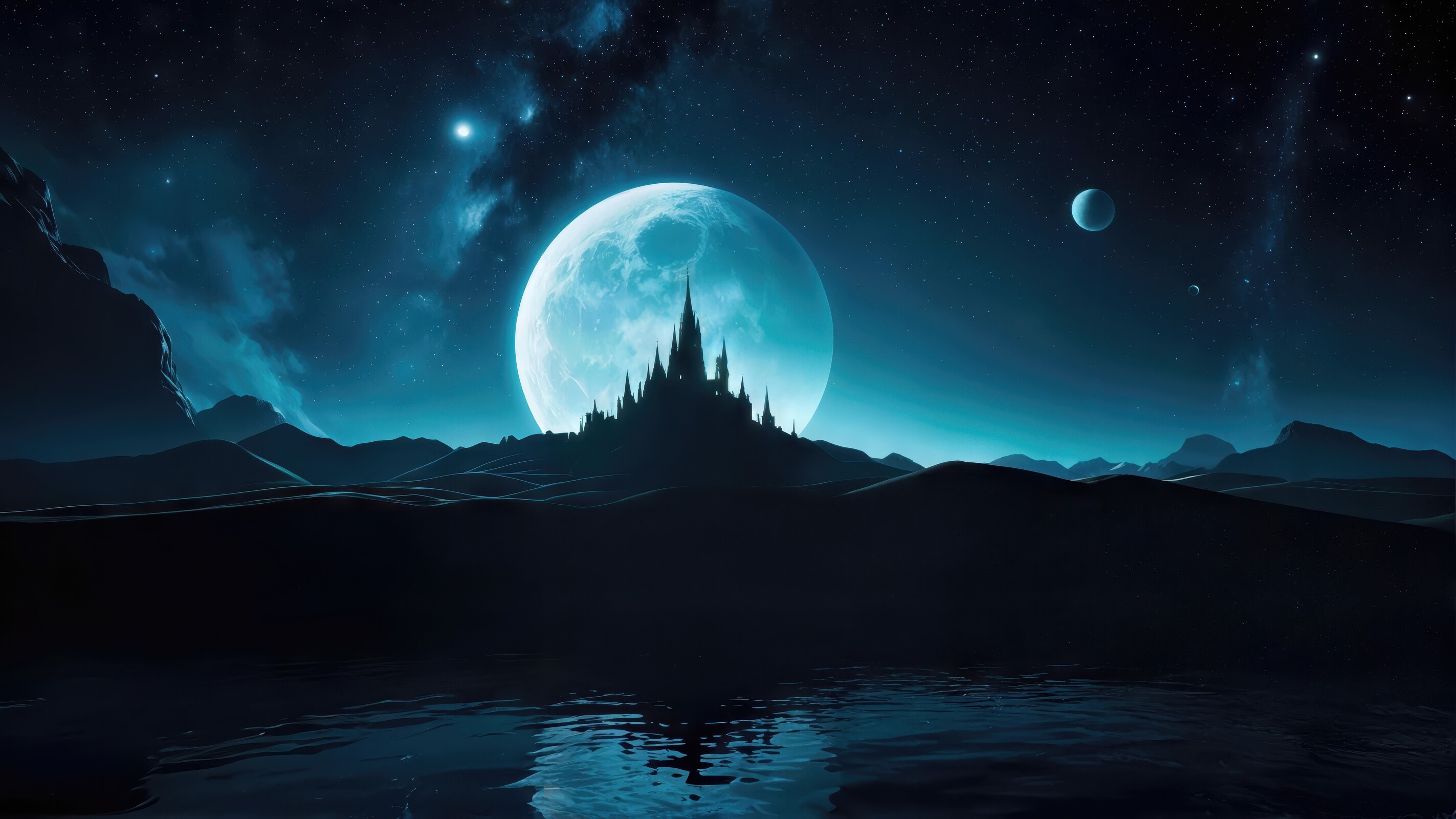Majestic castle silhouette under a luminous moonlit night sky