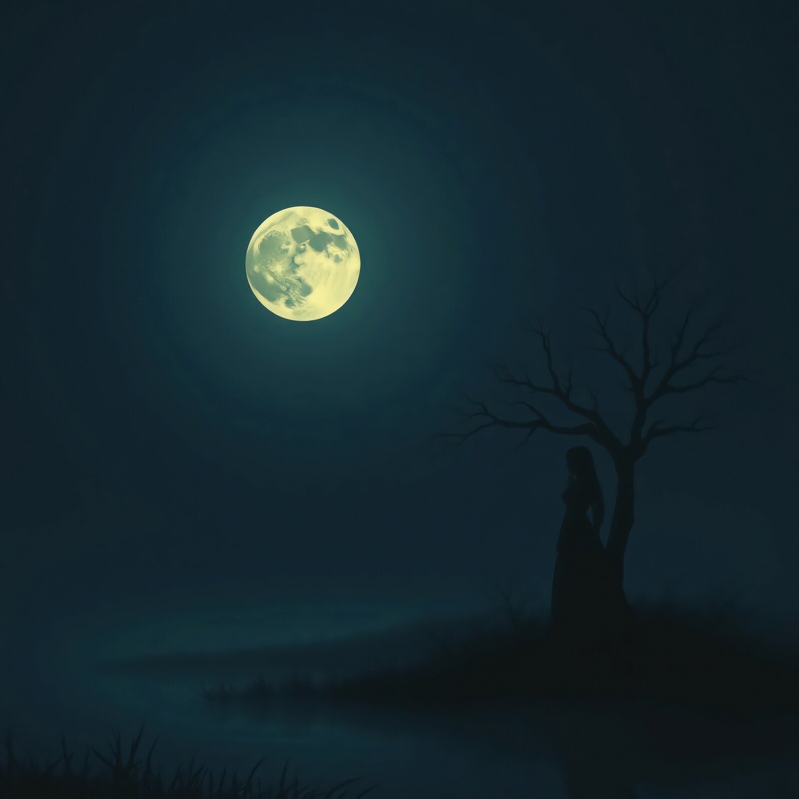 Moonlit night with a silhouette of a figure beside a barren tree by the water