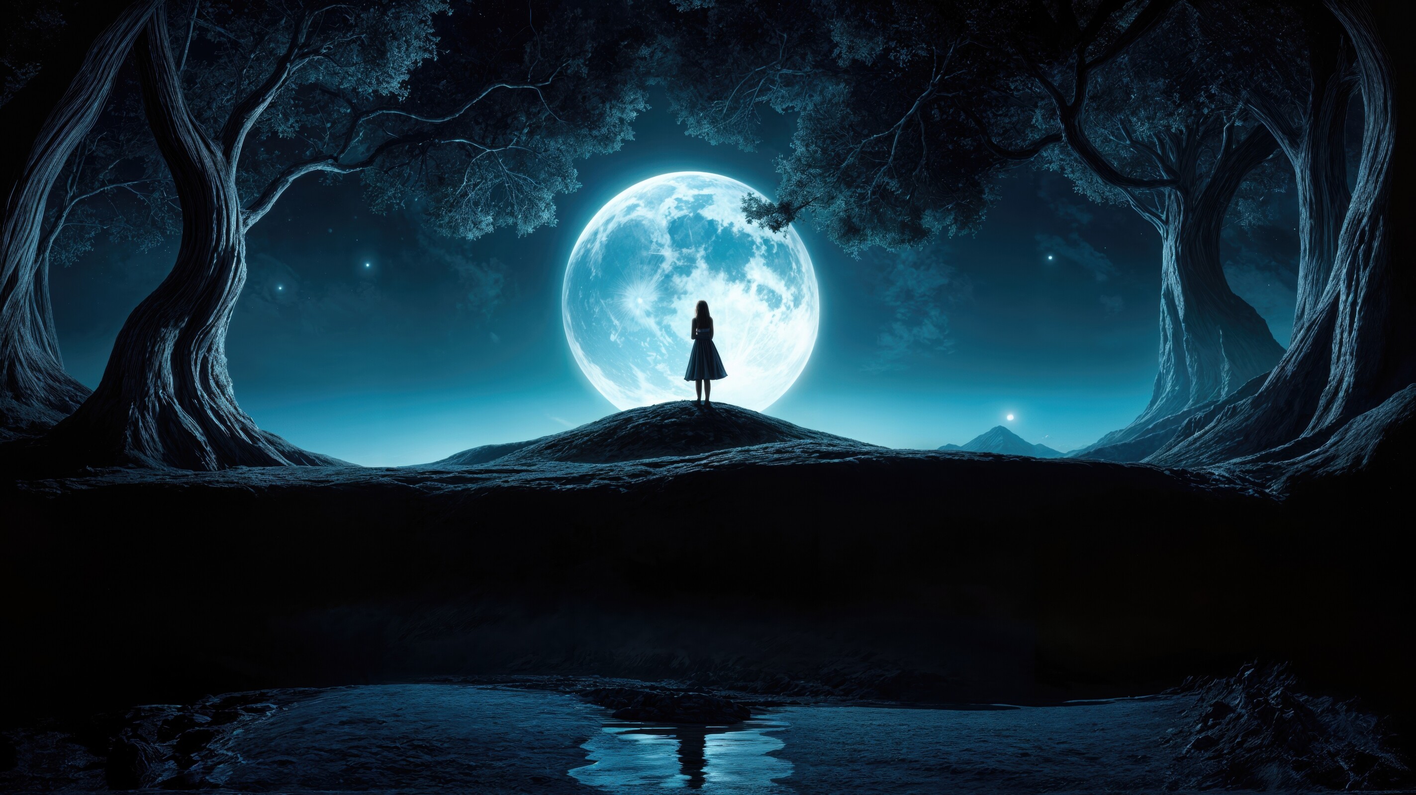 Enchanting moonlit night captures a figure standing by the serene waters under the luminous glow of the full moon