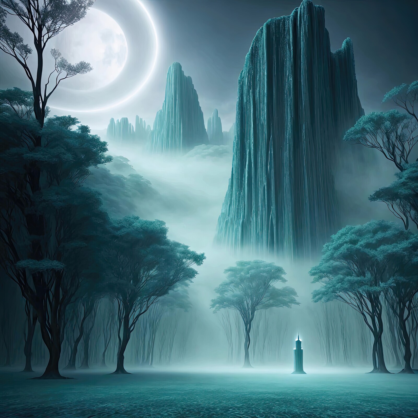 Mysterious moonlit forest shrouded in mystical fog and towering cliffs at night