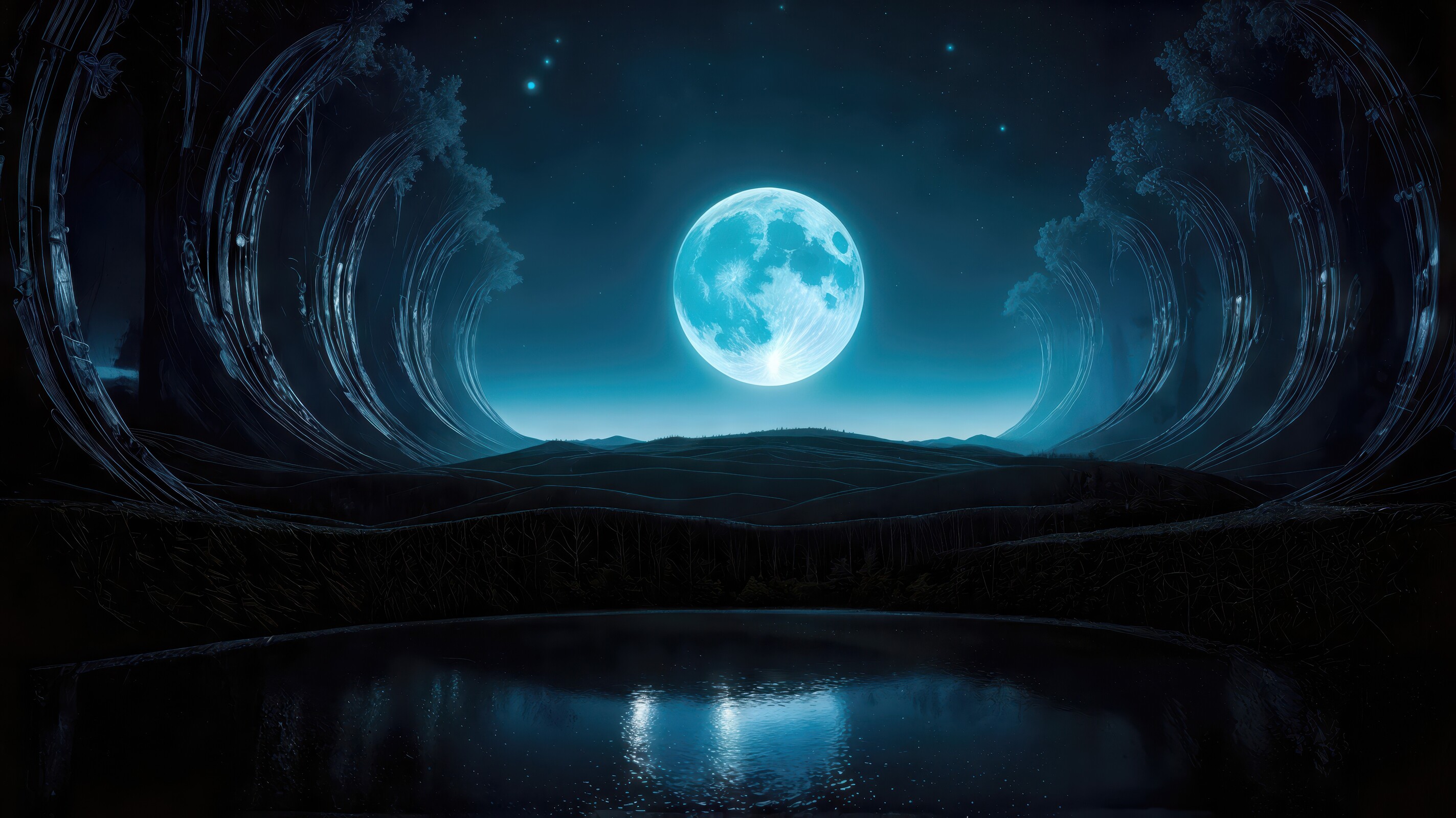 Moonlit landscape reveals tranquility and mystery in an ethereal nighttime setting with vibrant hues