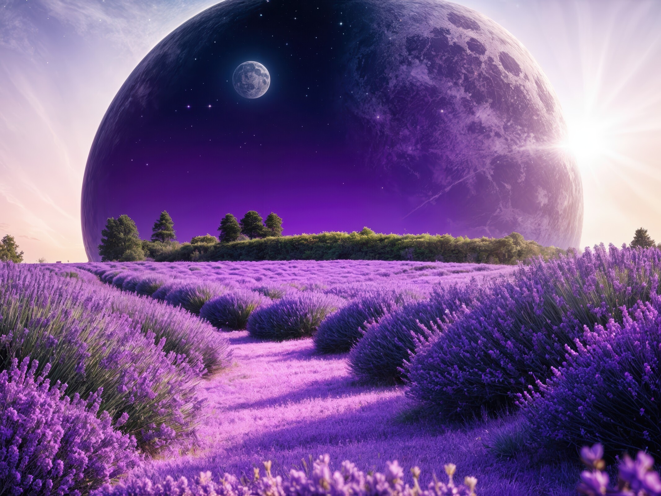 Lavender fields stretch beneath a cosmic sky during twilight in a magical landscape