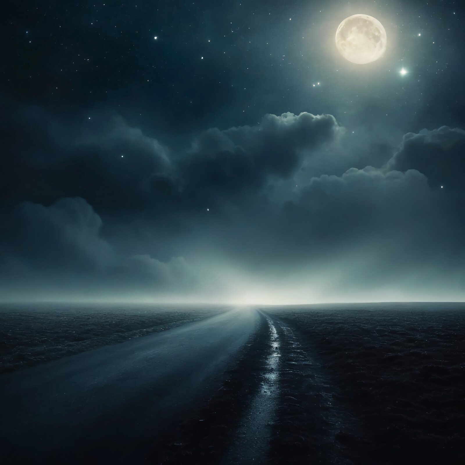 Moonlit pathway through a tranquil landscape under a starry night sky