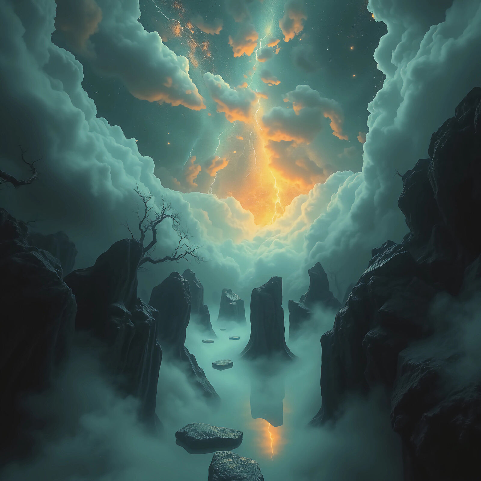 Mysterious canyon under an enchanting sky illuminated by ethereal light at twilight