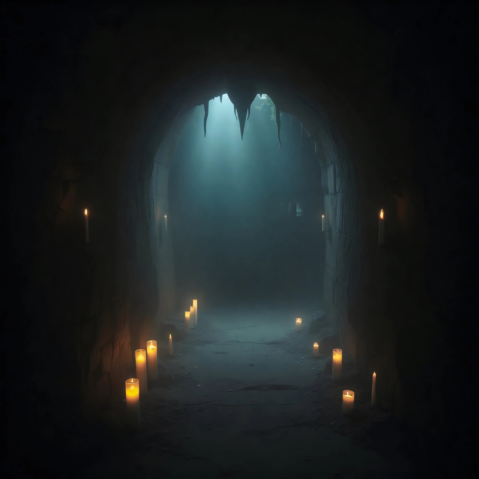 Mysterious cave illuminated by flickering candles in the stillness of twilight