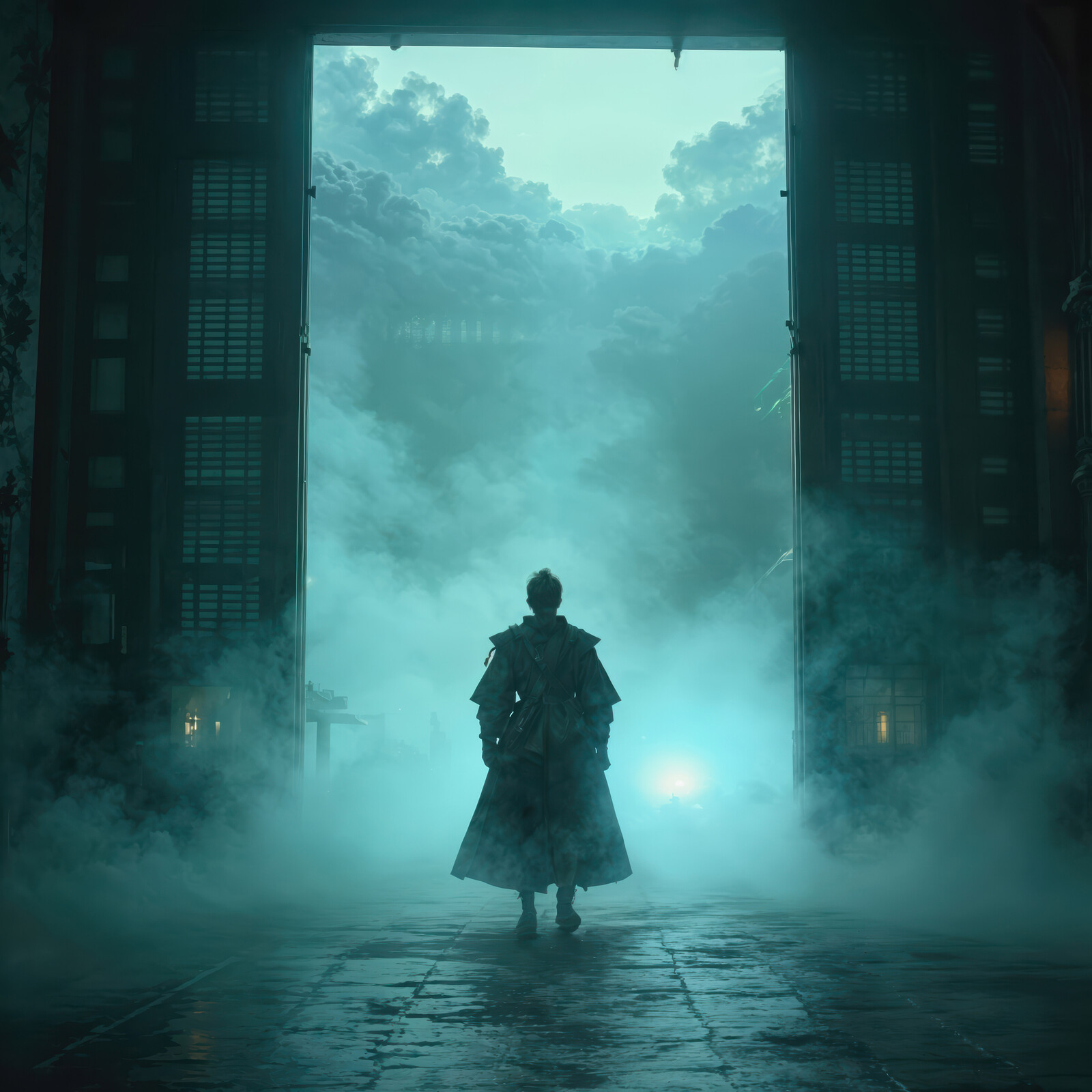 Mysterious eastern figure stands at the entrance of a foggy gateway under a dramatic sky at dusk