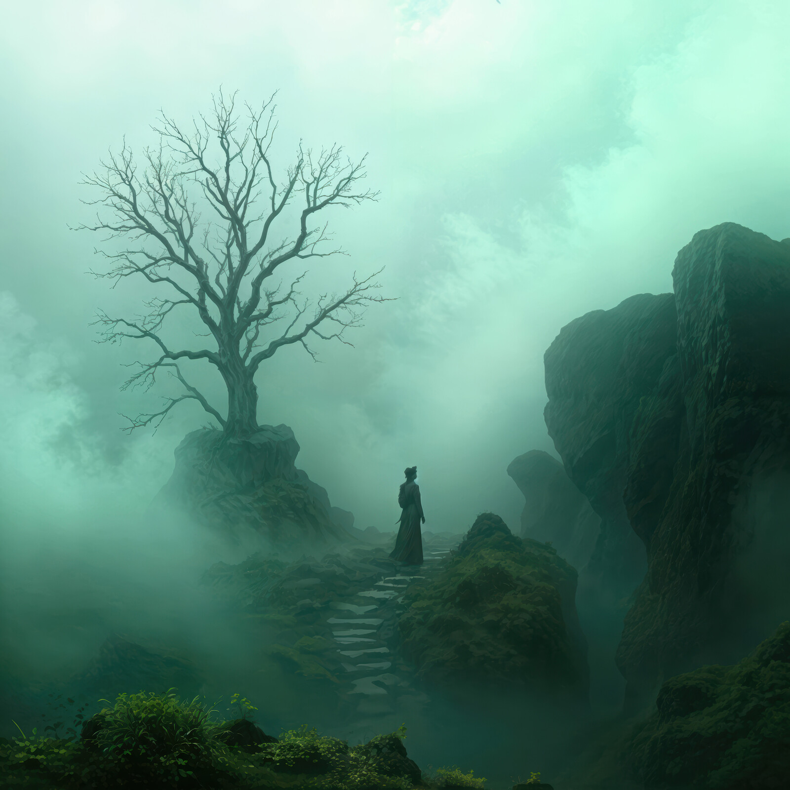 Mysterious figure stands before a fog-covered landscape with an ancient tree at dusk