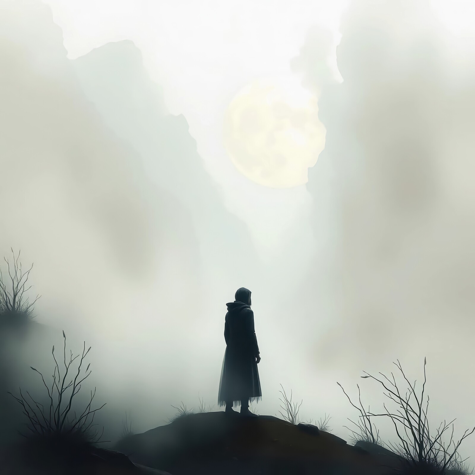 Mysterious man stands alone in a foggy landscape, exploring nature's hidden beauty at twilight