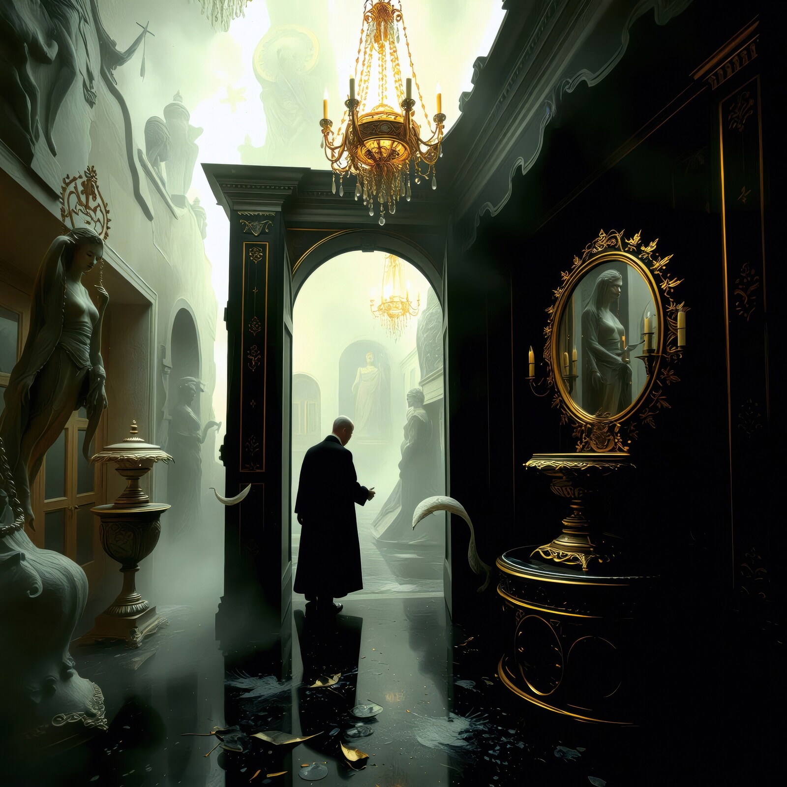 Mysterious scholar navigates an ornate hall filled with statues and reflections in a dimly lit museum