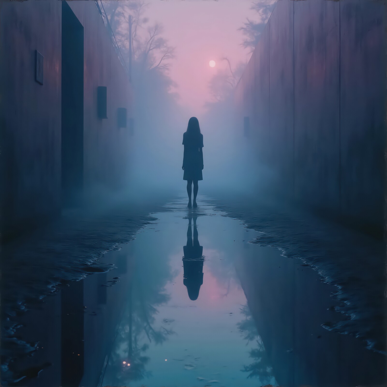 Mysterious figure standing still in a misty alleyway at dusk with reflections in the puddles