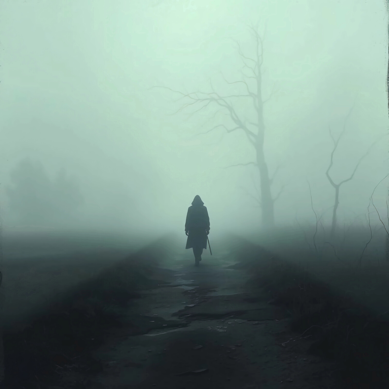 Mysterious figure walking down a misty path in a desolate landscape at dawn