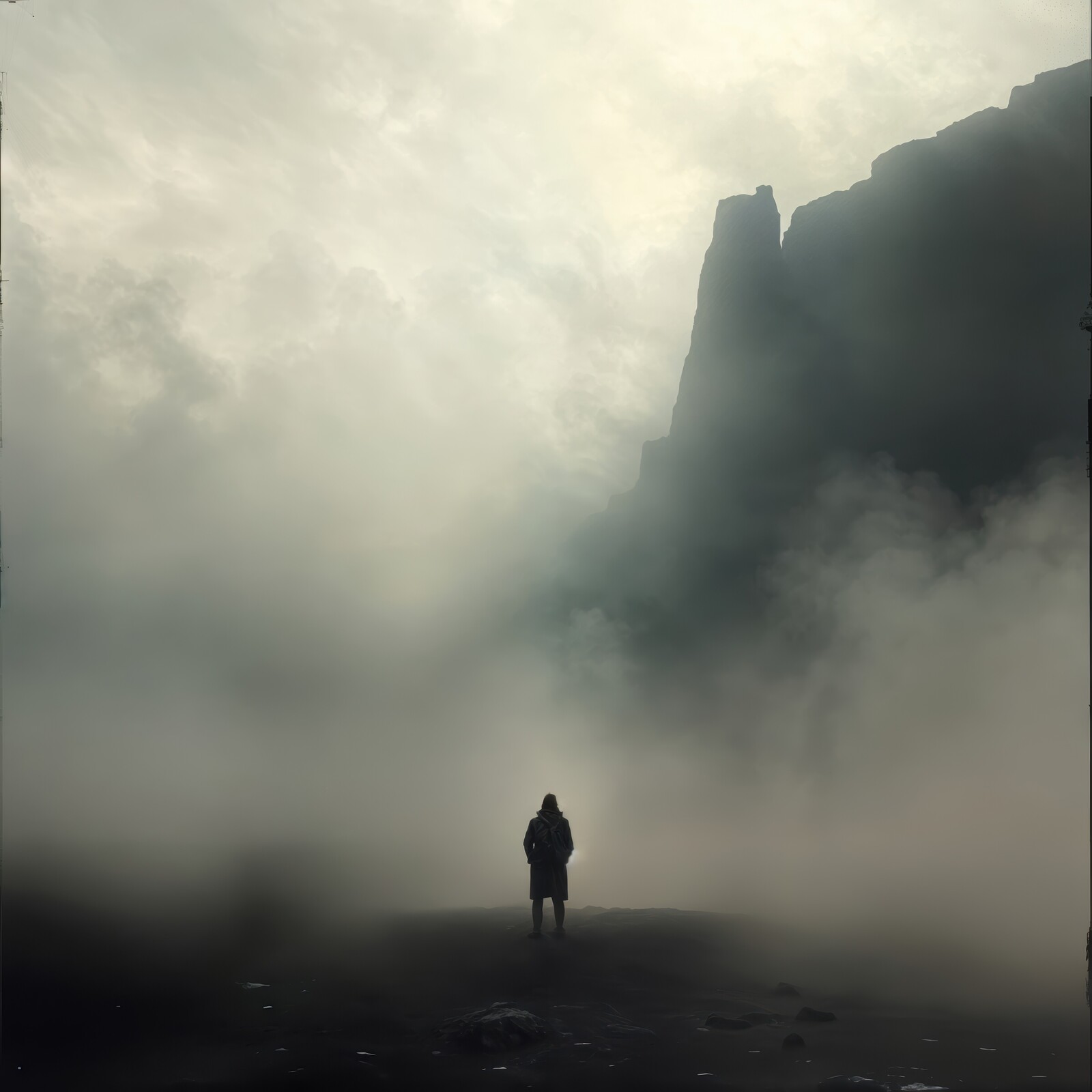 Mysterious figure stands alone amidst swirling fog and towering cliffs at dawn