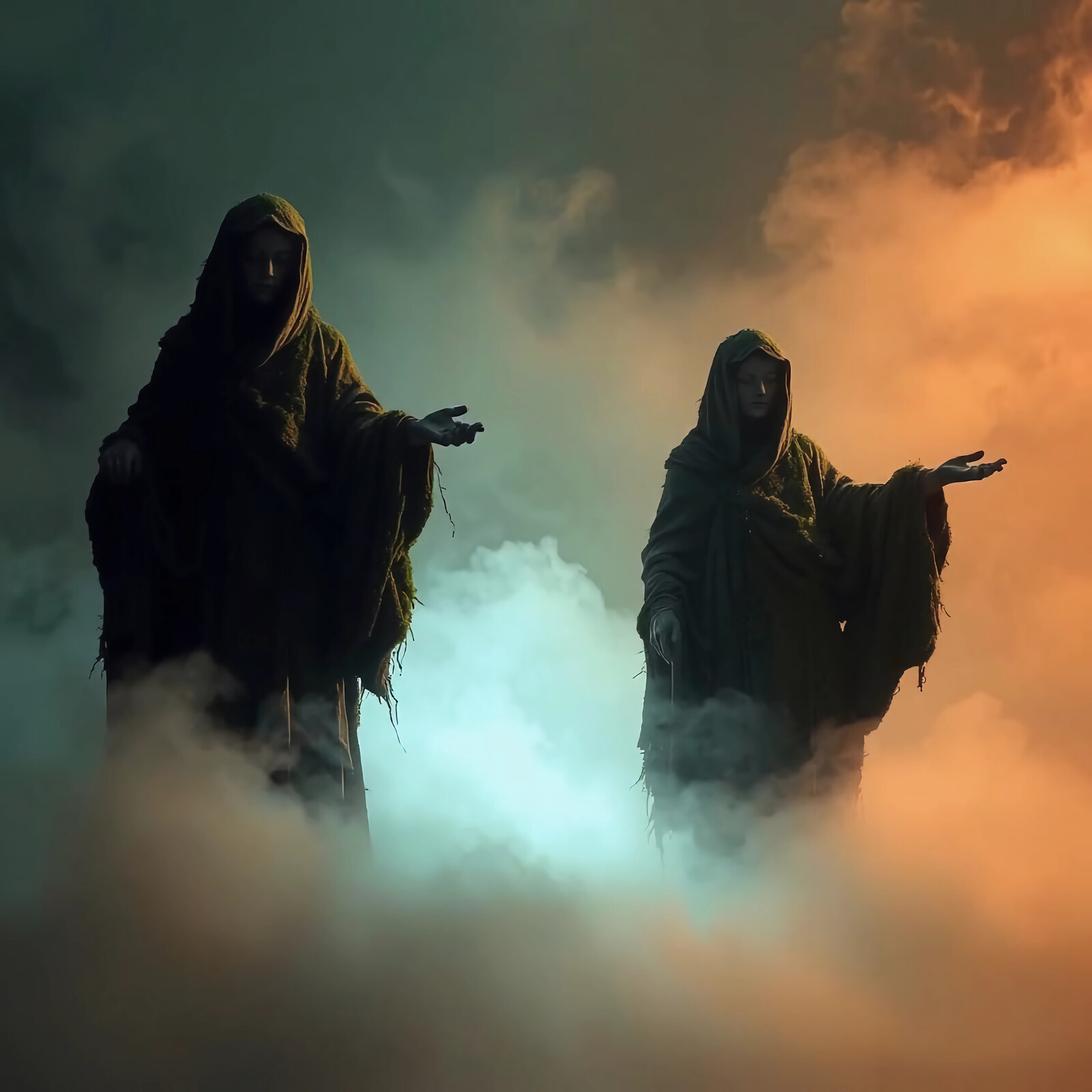Mysterious figures evoke enchantment in misty land at twilight hour