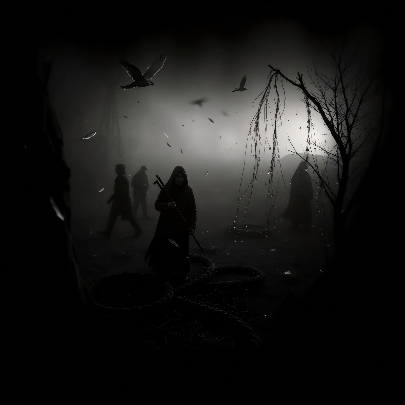 Mysterious figures traverse a fog-laden landscape under a ghostly light at twilight