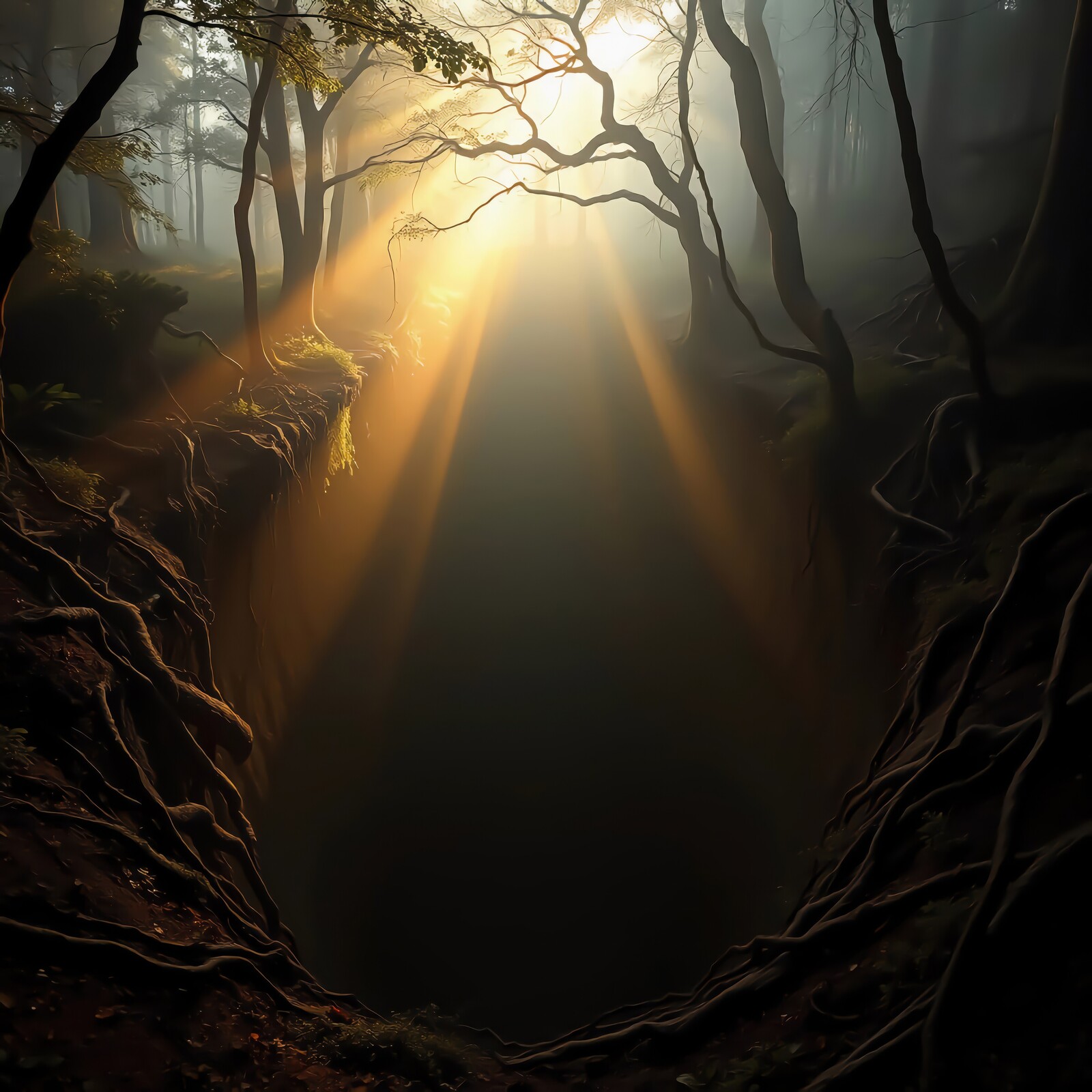 Mysterious forest chasm illuminated by golden sunlight in a tranquil morning setting