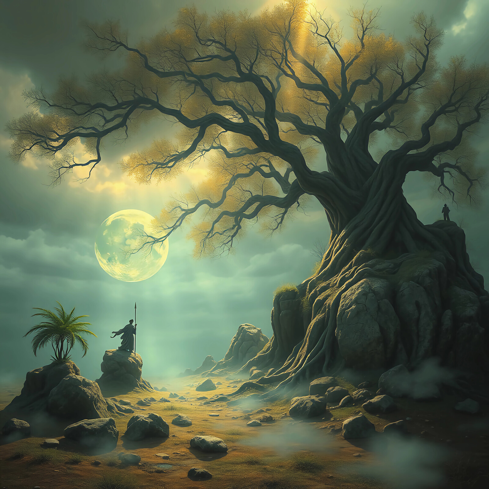 Mysterious guardian stands watch beneath ancient tree under moonlight